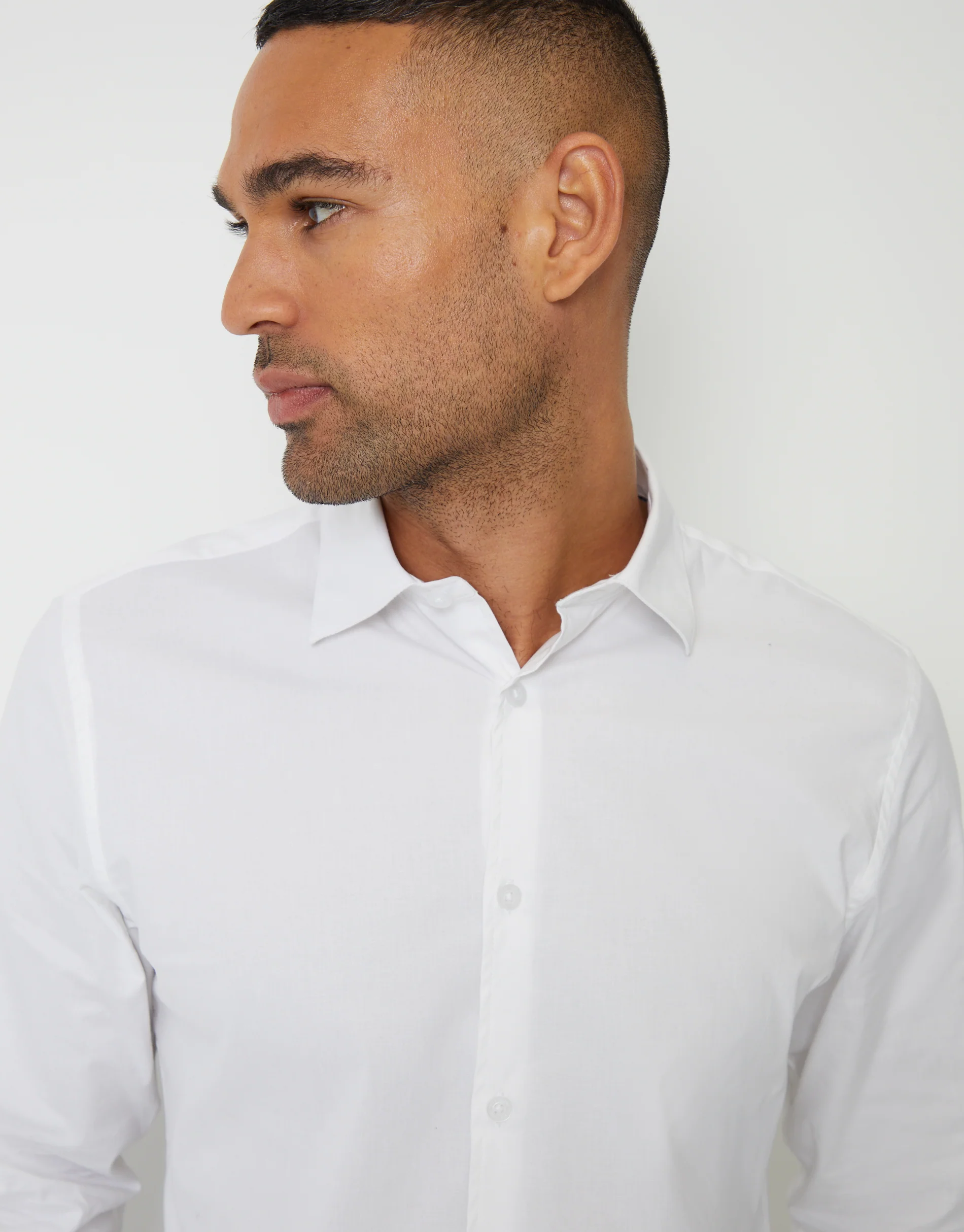 Slim Fit Stretch Cotton Poplin Long Sleeve Shirt in White - Image 5