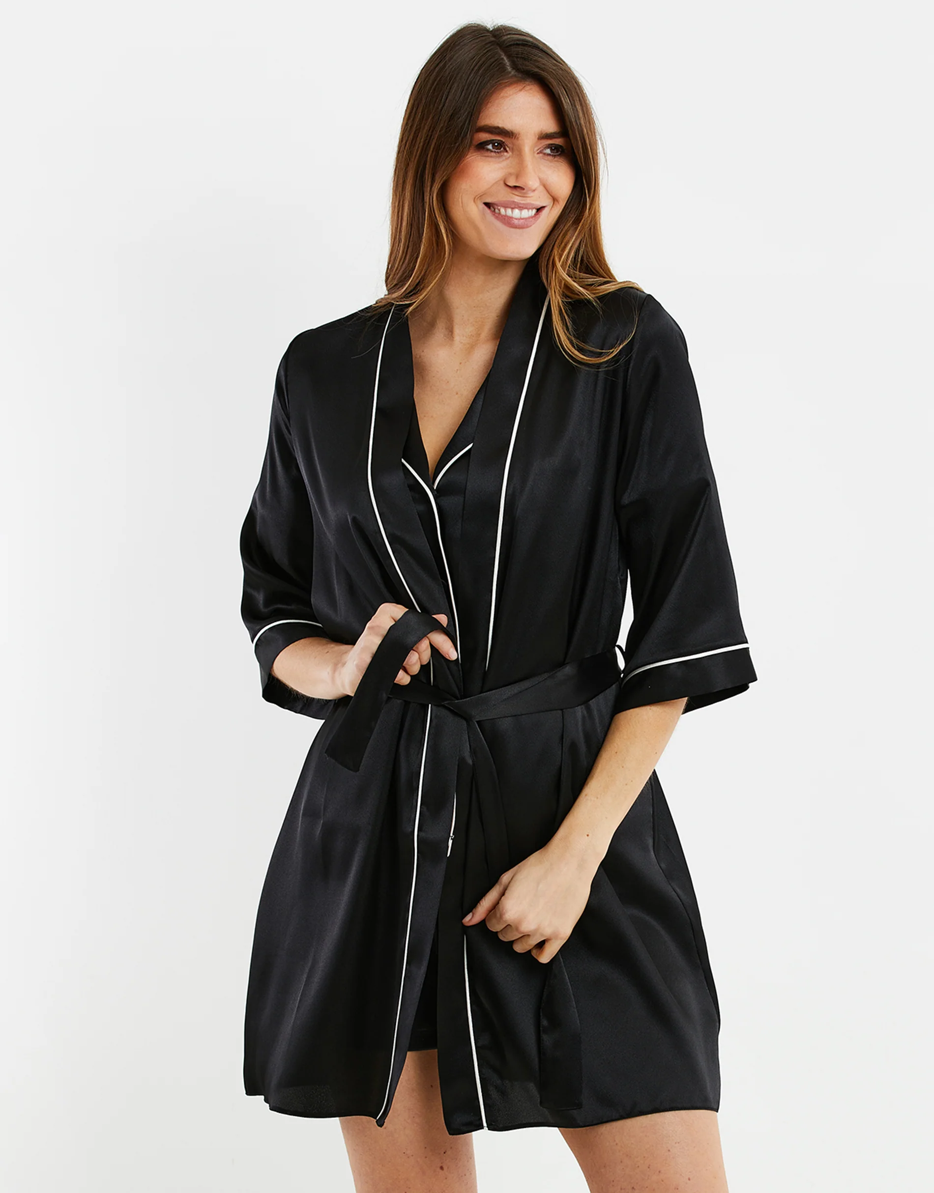 Satin Kimono Robe in Black