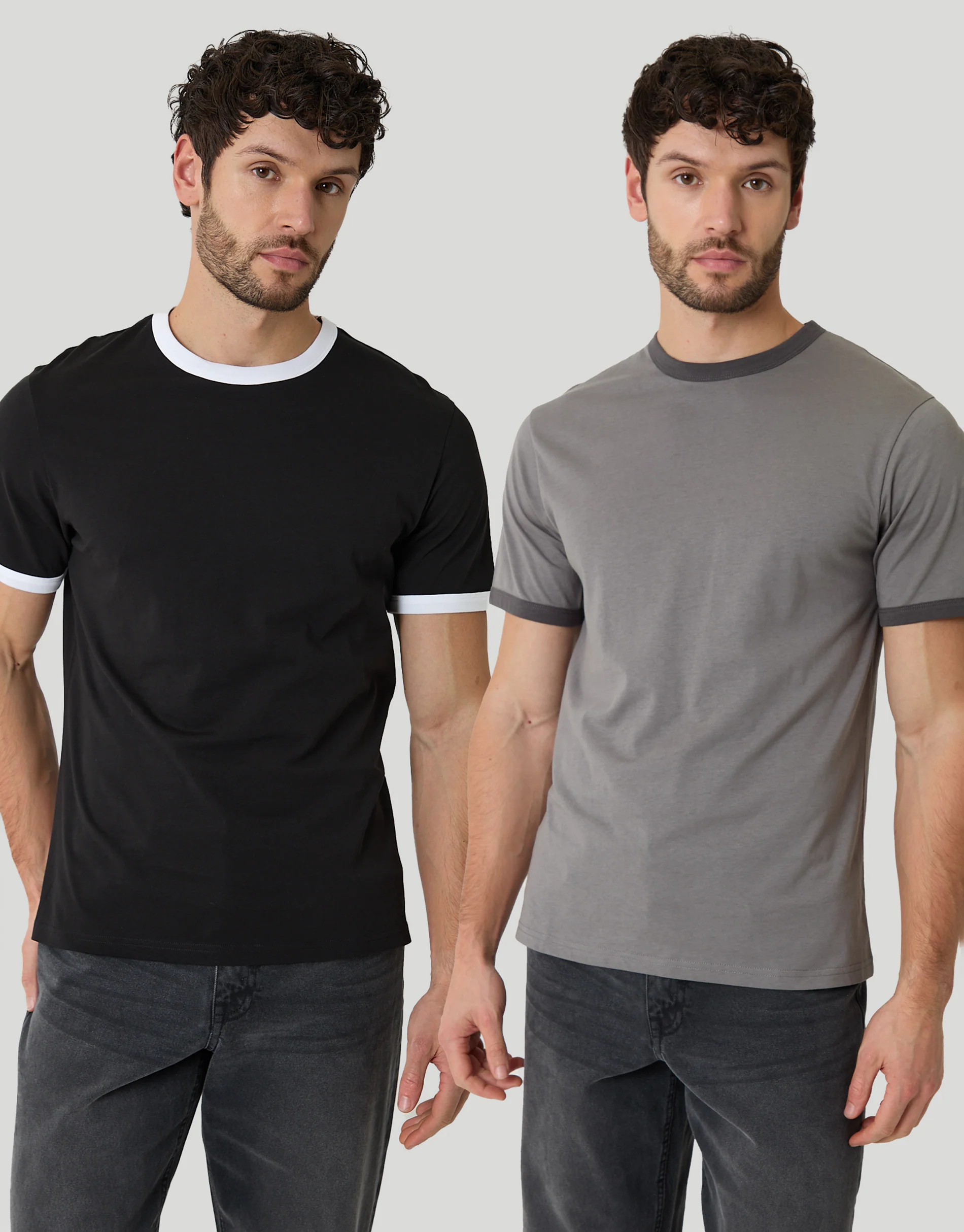2 Pack Cotton Ringer T-Shirts in Black & Slate Grey