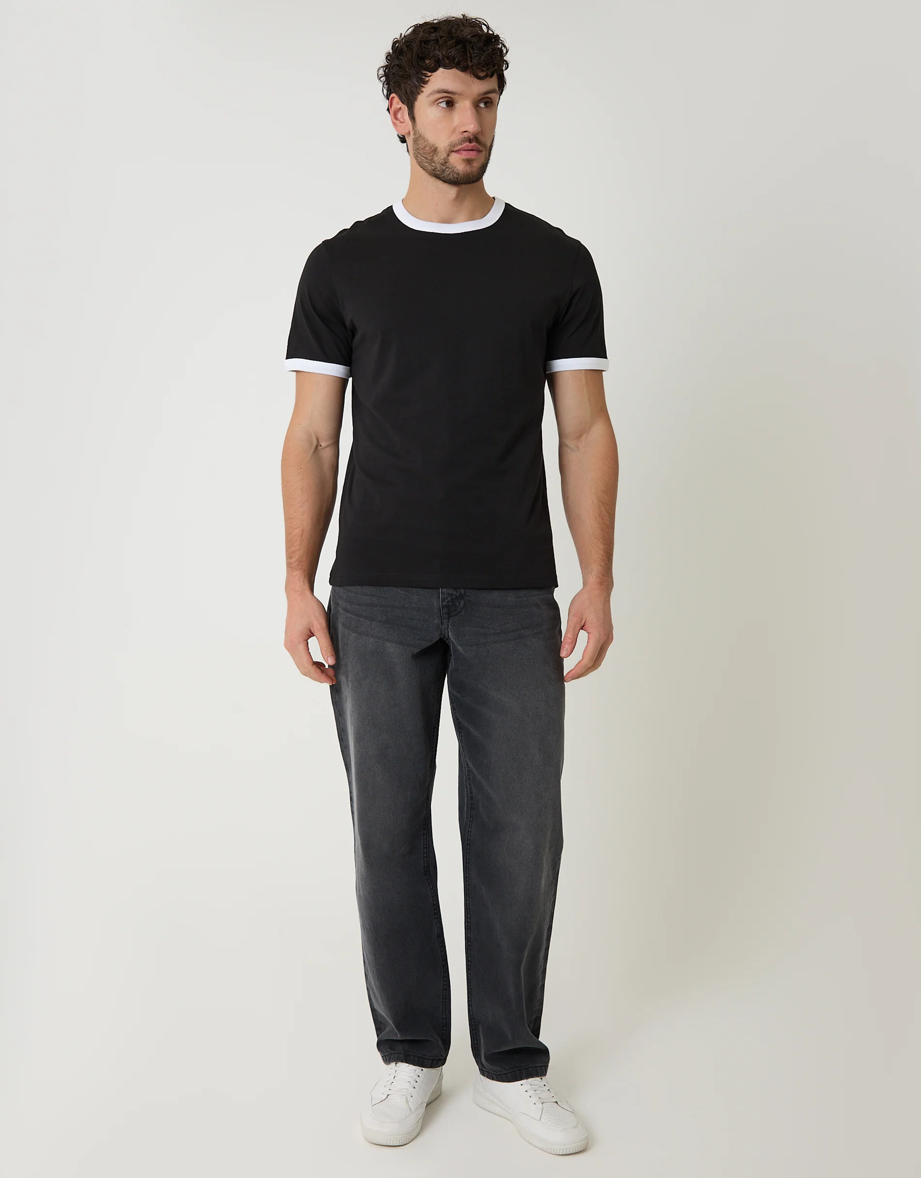 2 Pack Cotton Ringer T-Shirts in Black & Slate Grey - Image 3