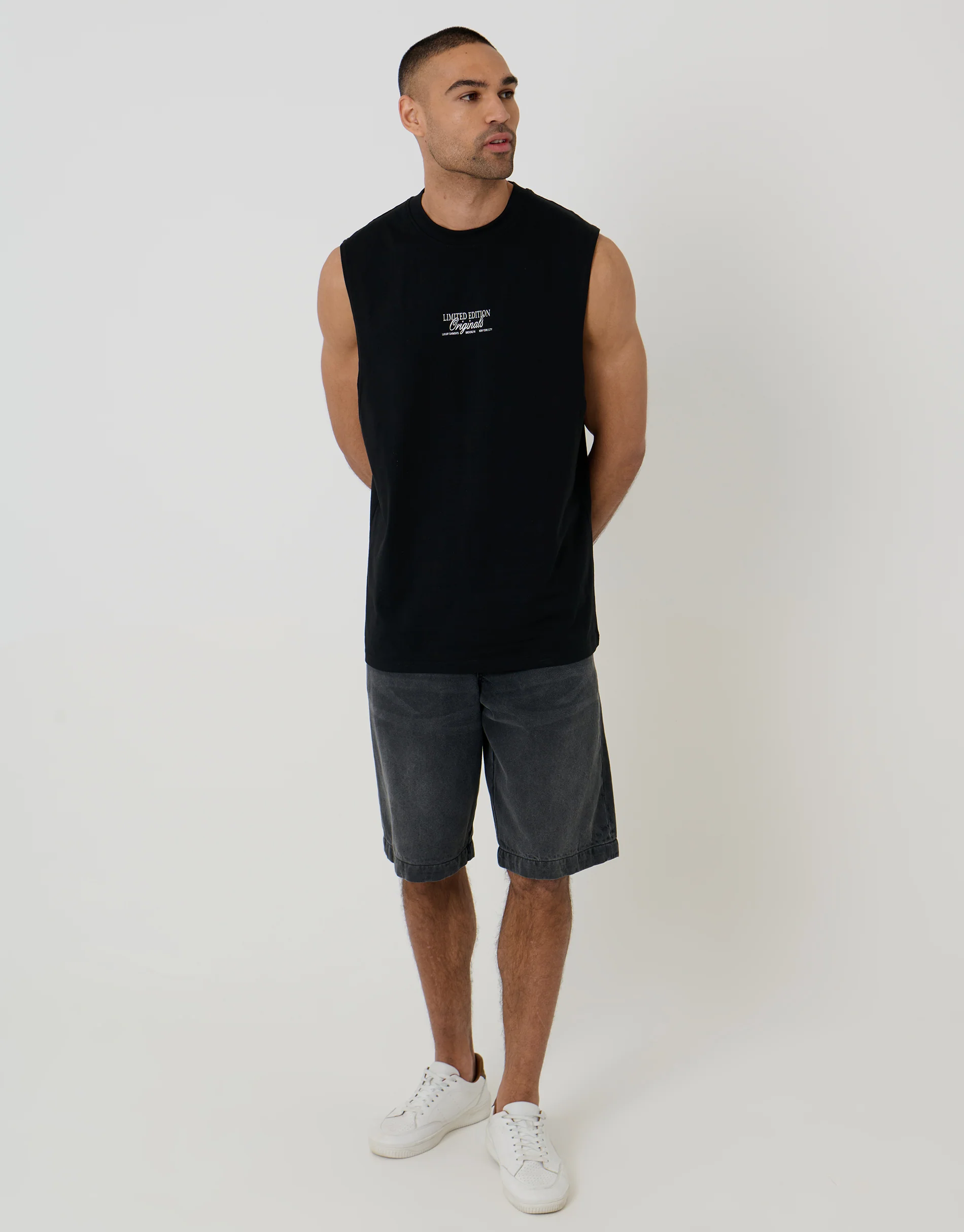 2 Pack Relaxed Fit Graphic Print Cotton Vests in Black & White - Image 3