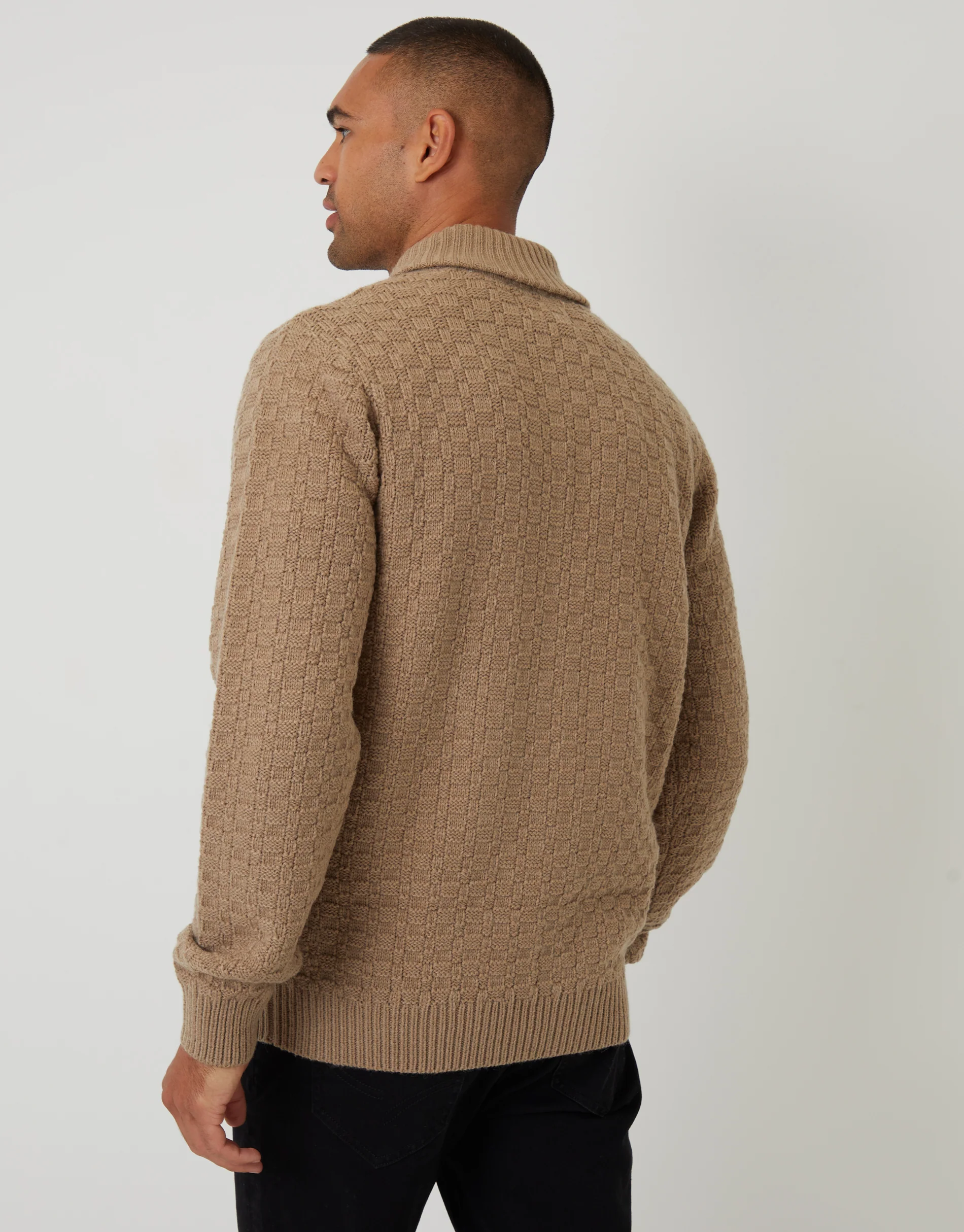 Basket Stitch Knitted Shawl Neck Jumper in Beige - Image 2