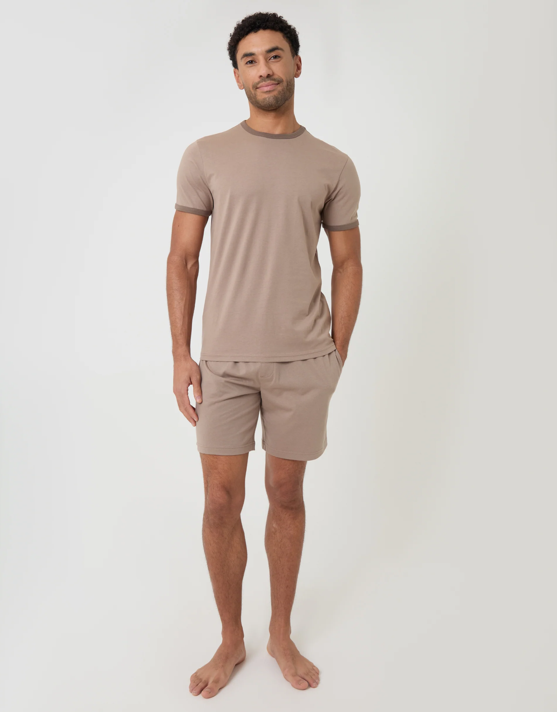 Contrast Binding Short Lounge Set in Beige - Image 3