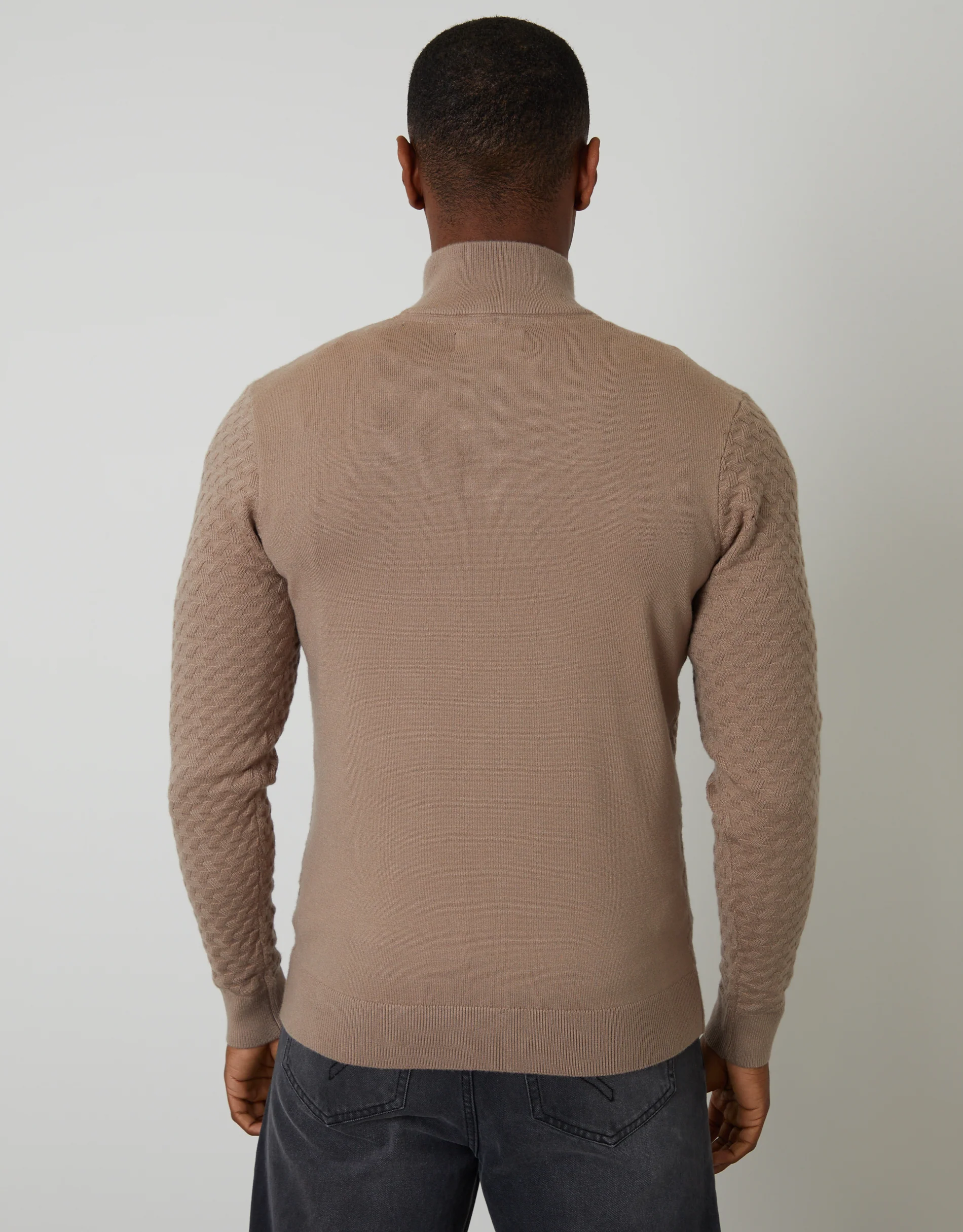Textured Cable Knit Quarter Zip Jumper in Beige - Image 2