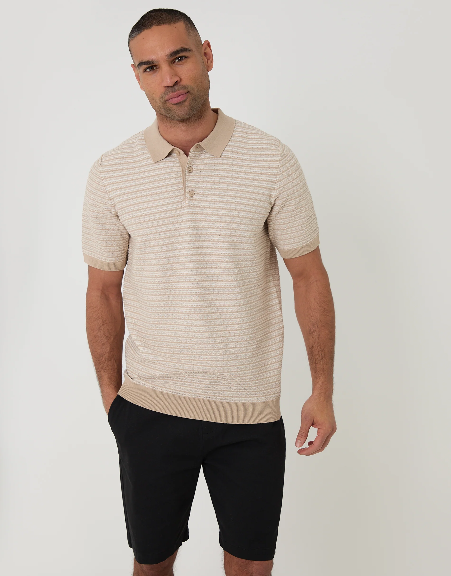 Textured Knitted Polo in Beige Stripe