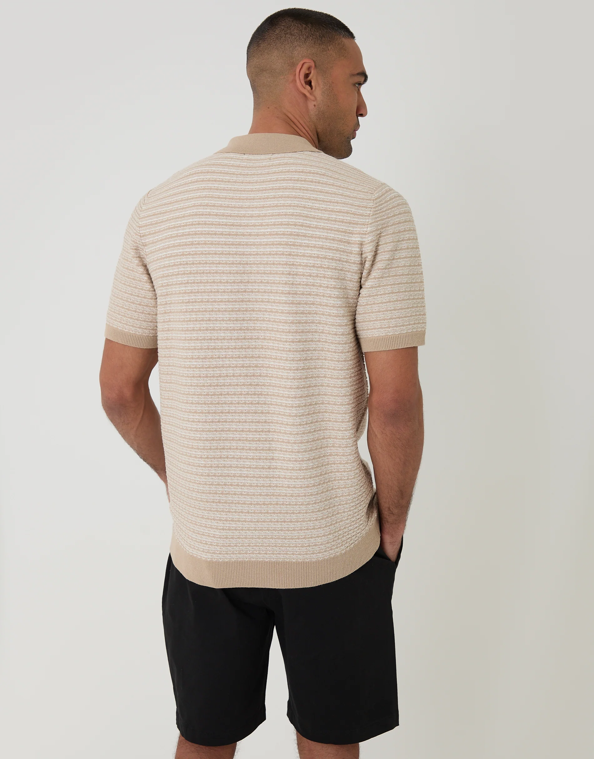 Textured Knitted Polo in Beige Stripe - Image 2