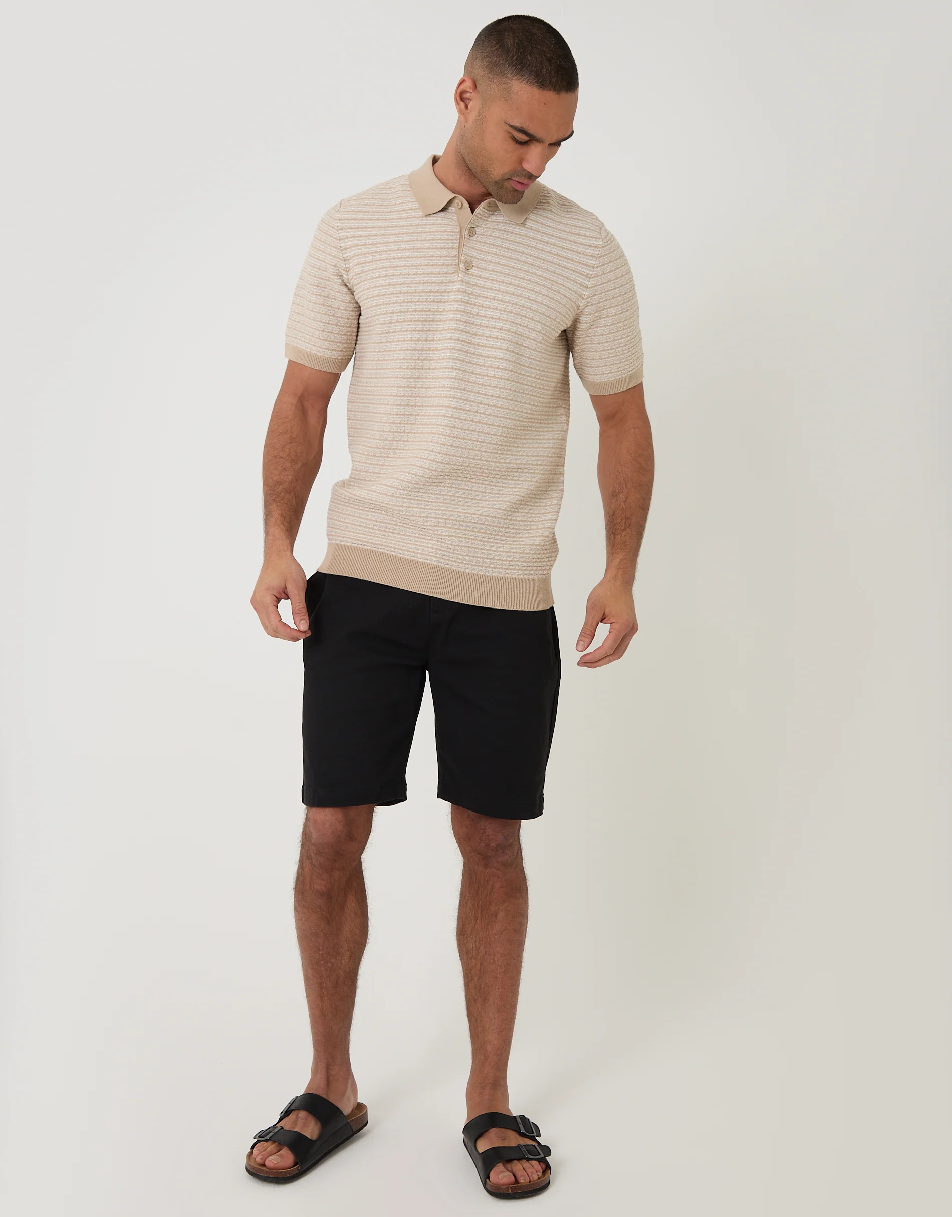 Textured Knitted Polo in Beige Stripe - Image 3