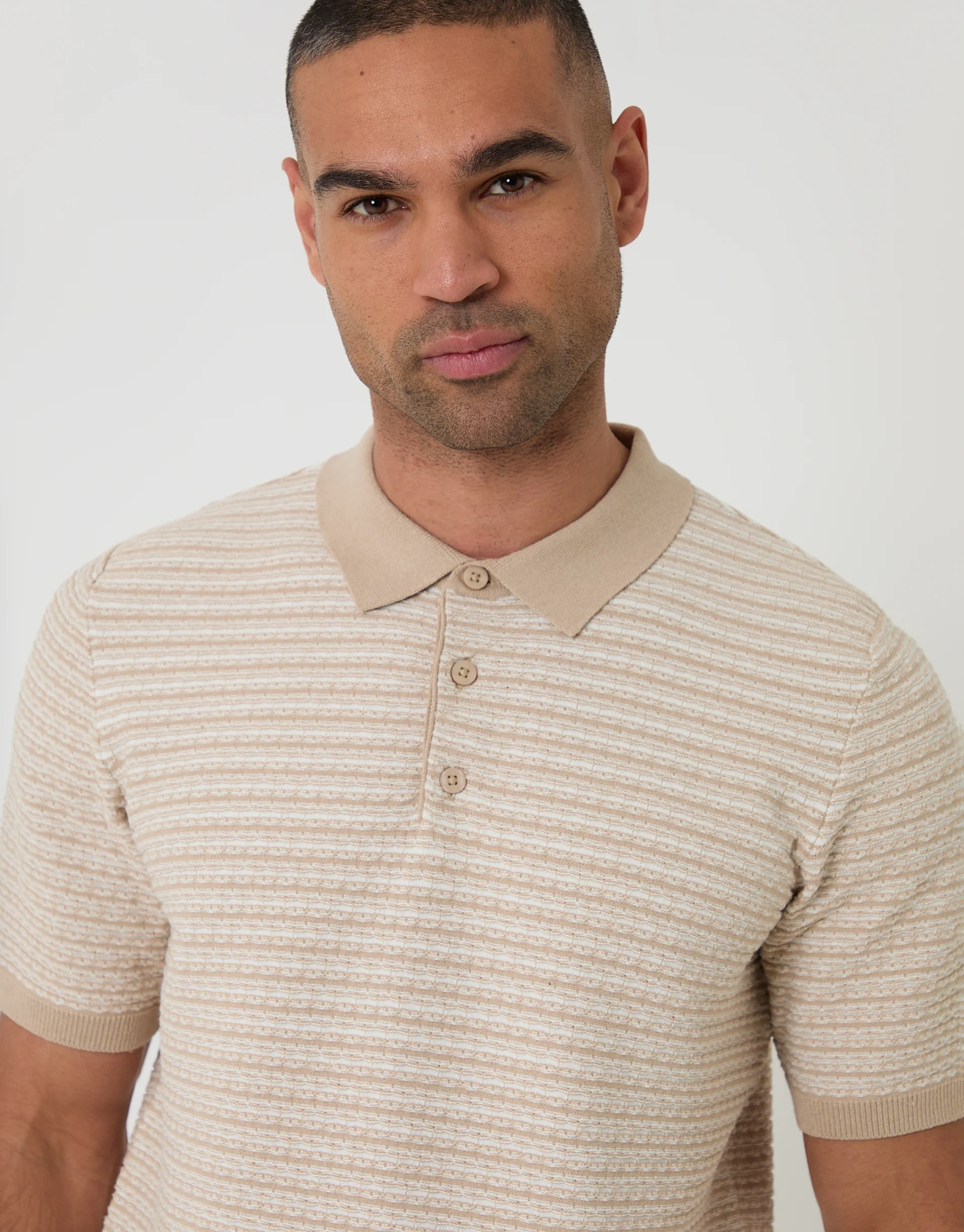 Textured Knitted Polo in Beige Stripe - Image 4