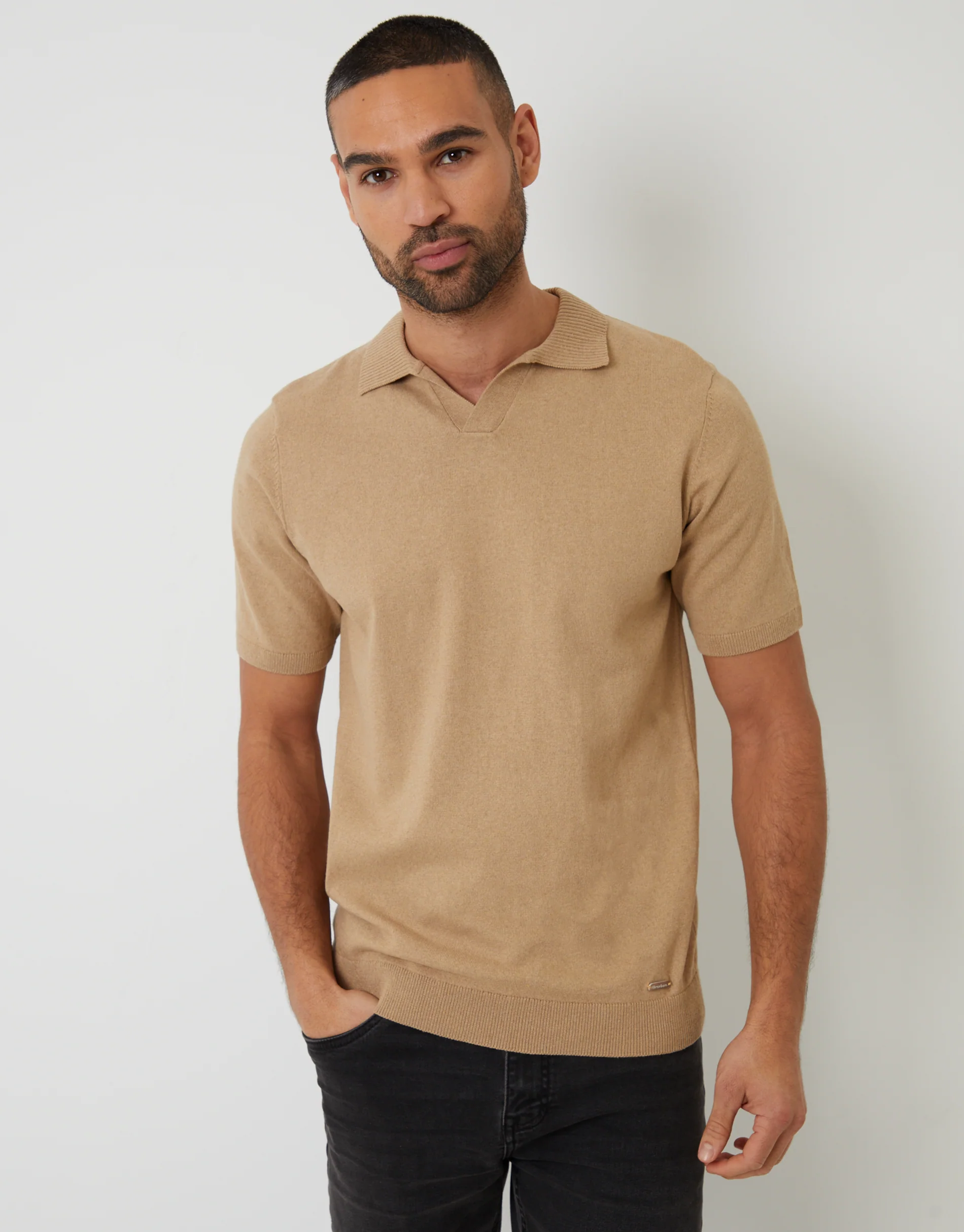Trophy Neck Knitted Polo in Beige
