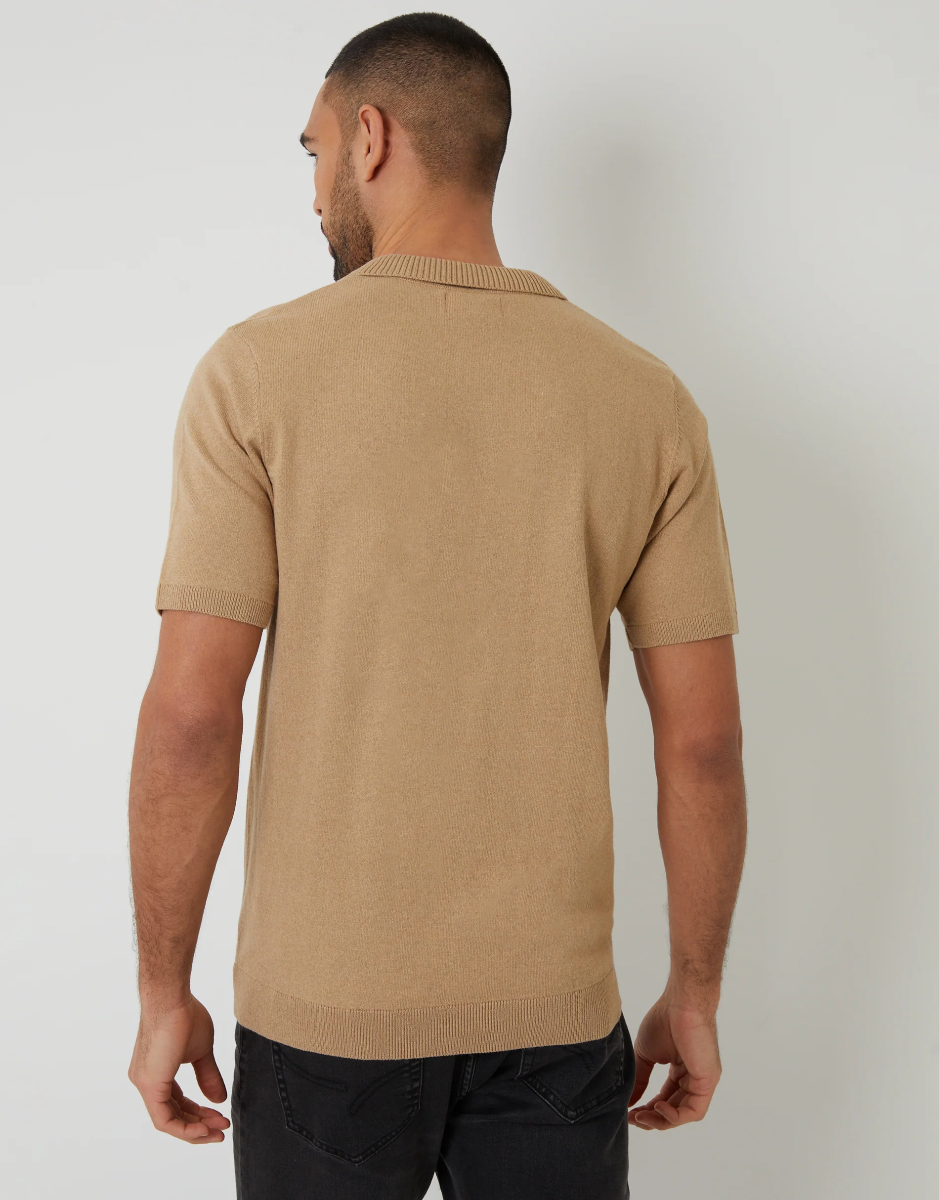 Trophy Neck Knitted Polo in Beige - Image 2