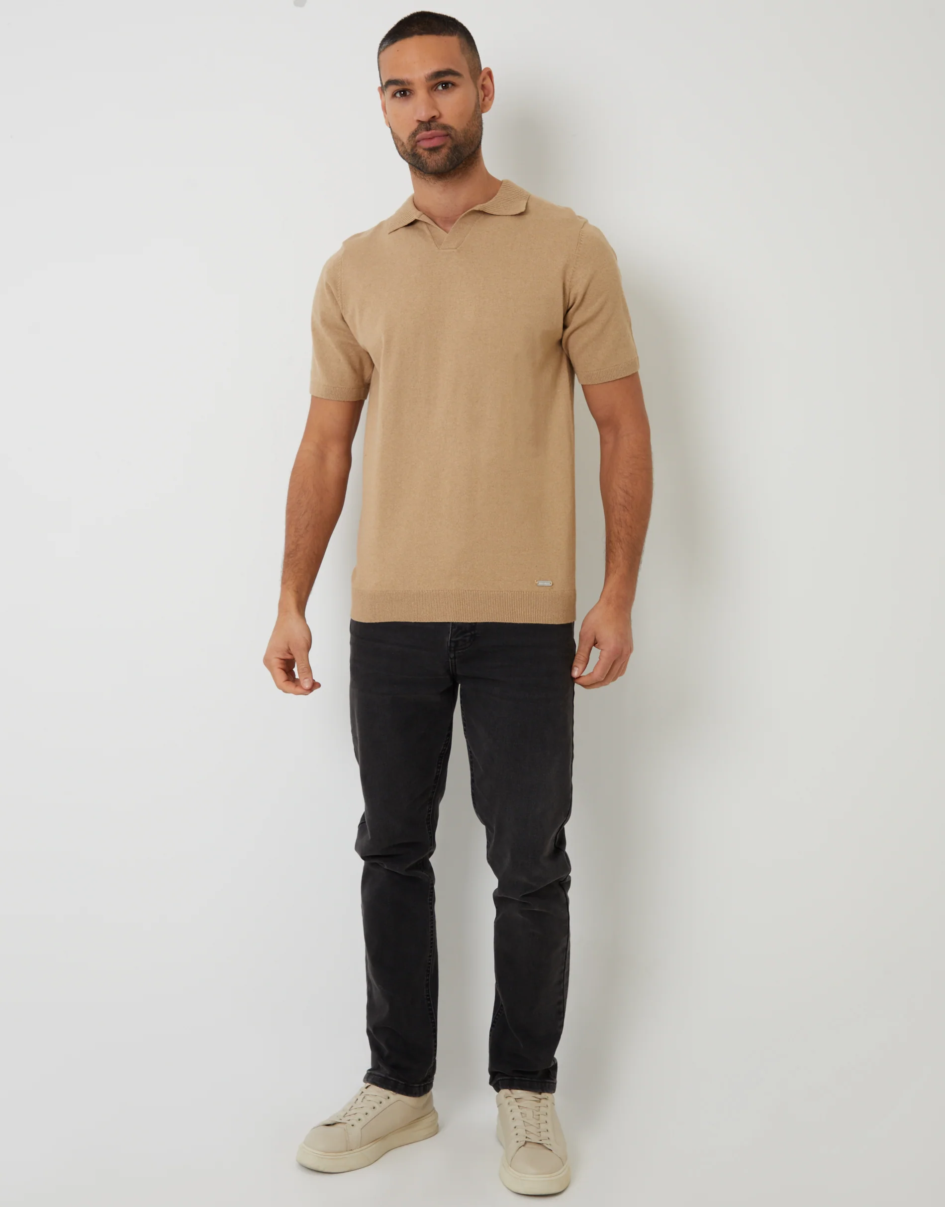 Trophy Neck Knitted Polo in Beige - Image 3
