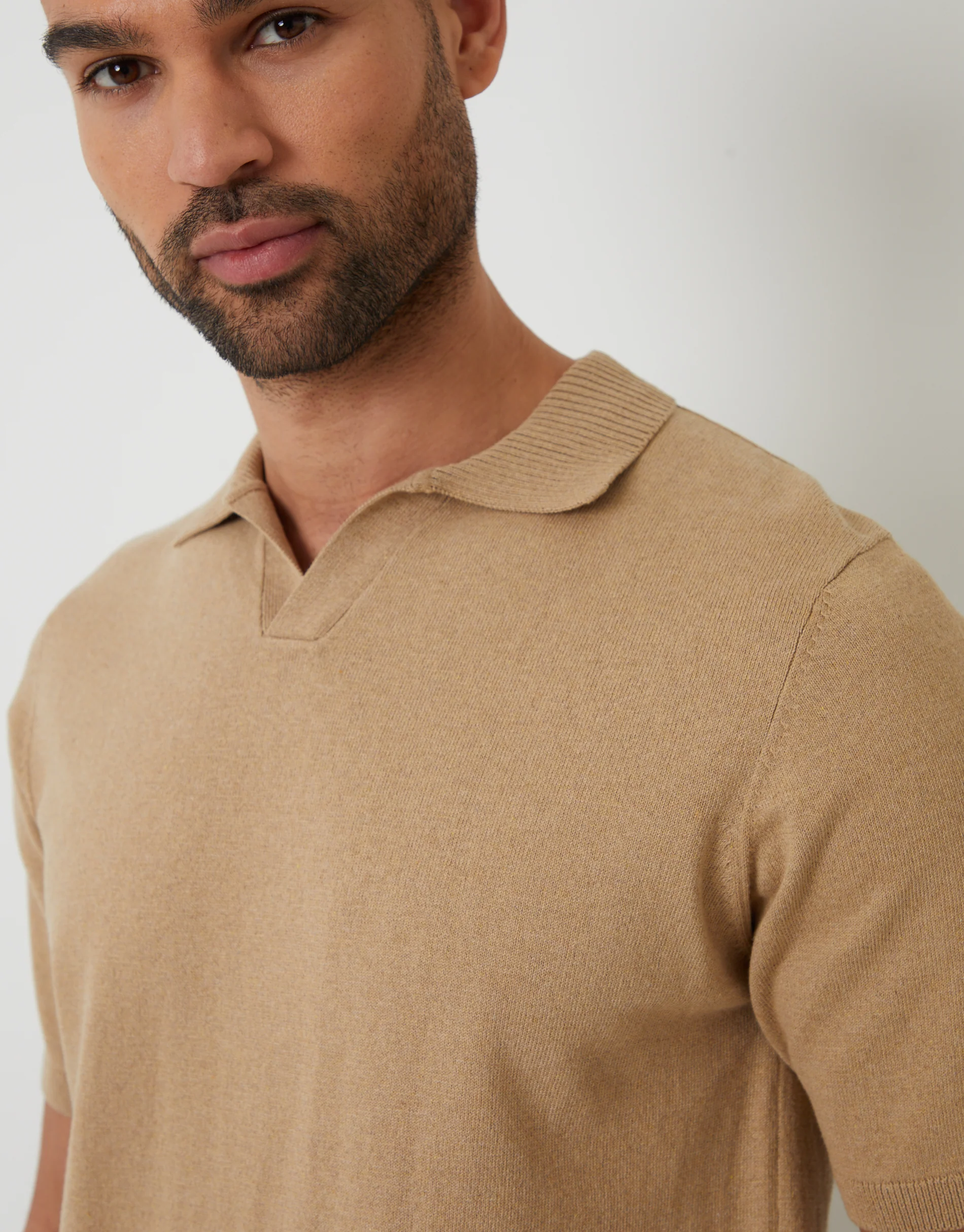 Trophy Neck Knitted Polo in Beige - Image 4