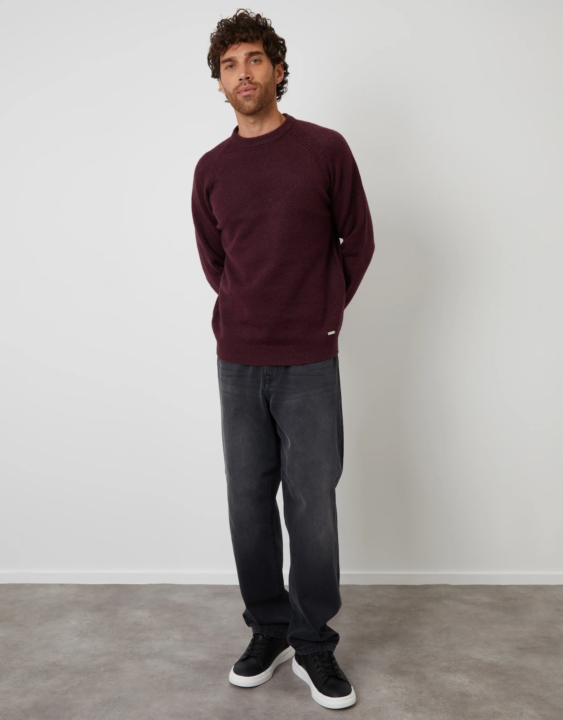 Raglan Rib Knitted Crew Neck Jumper in Berry Red - Image 3