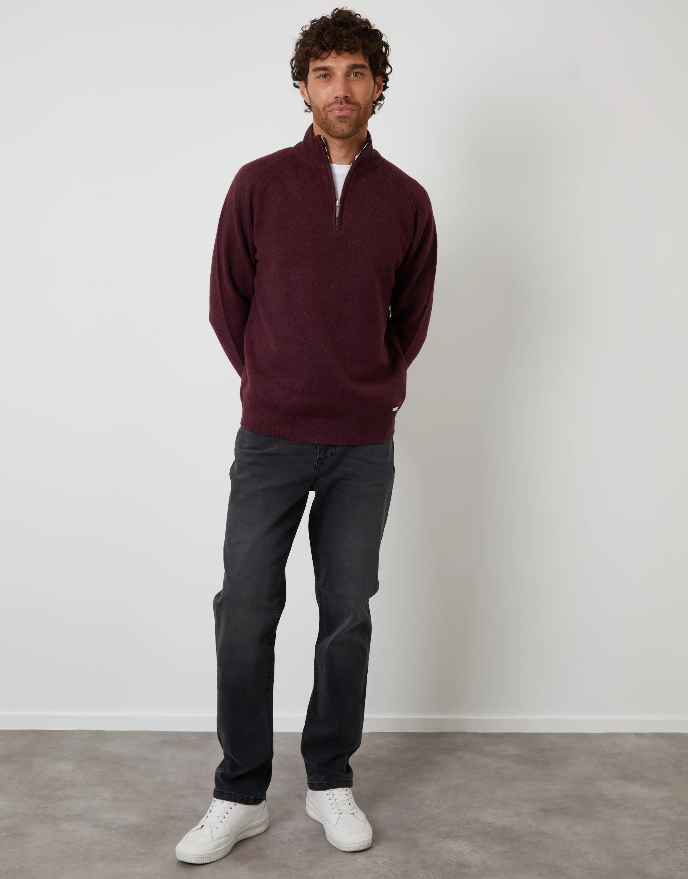 Raglan Rib Quarter Zip Knitted Jumper in Berry Red - Image 3