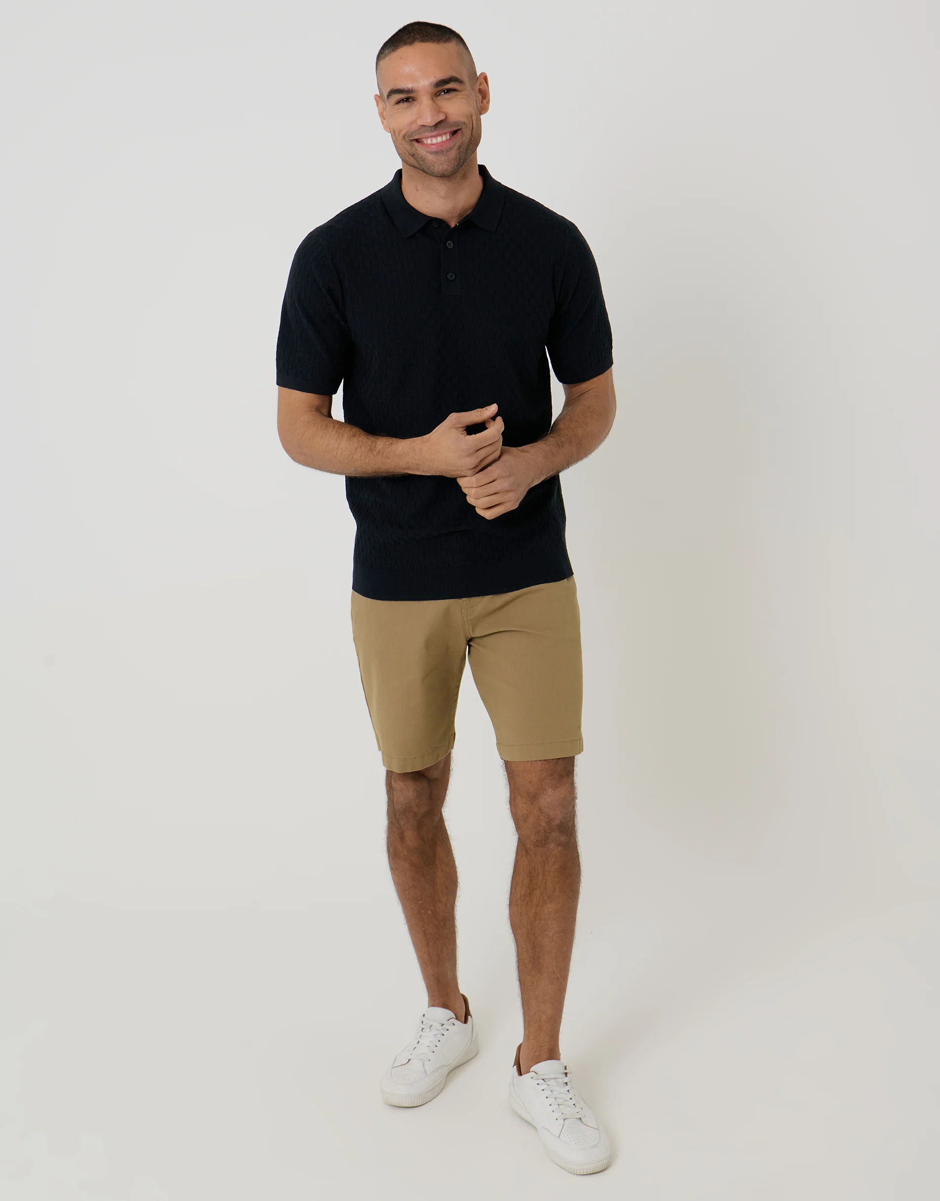 Basket Stitch Knitted Polo in Black - Image 3