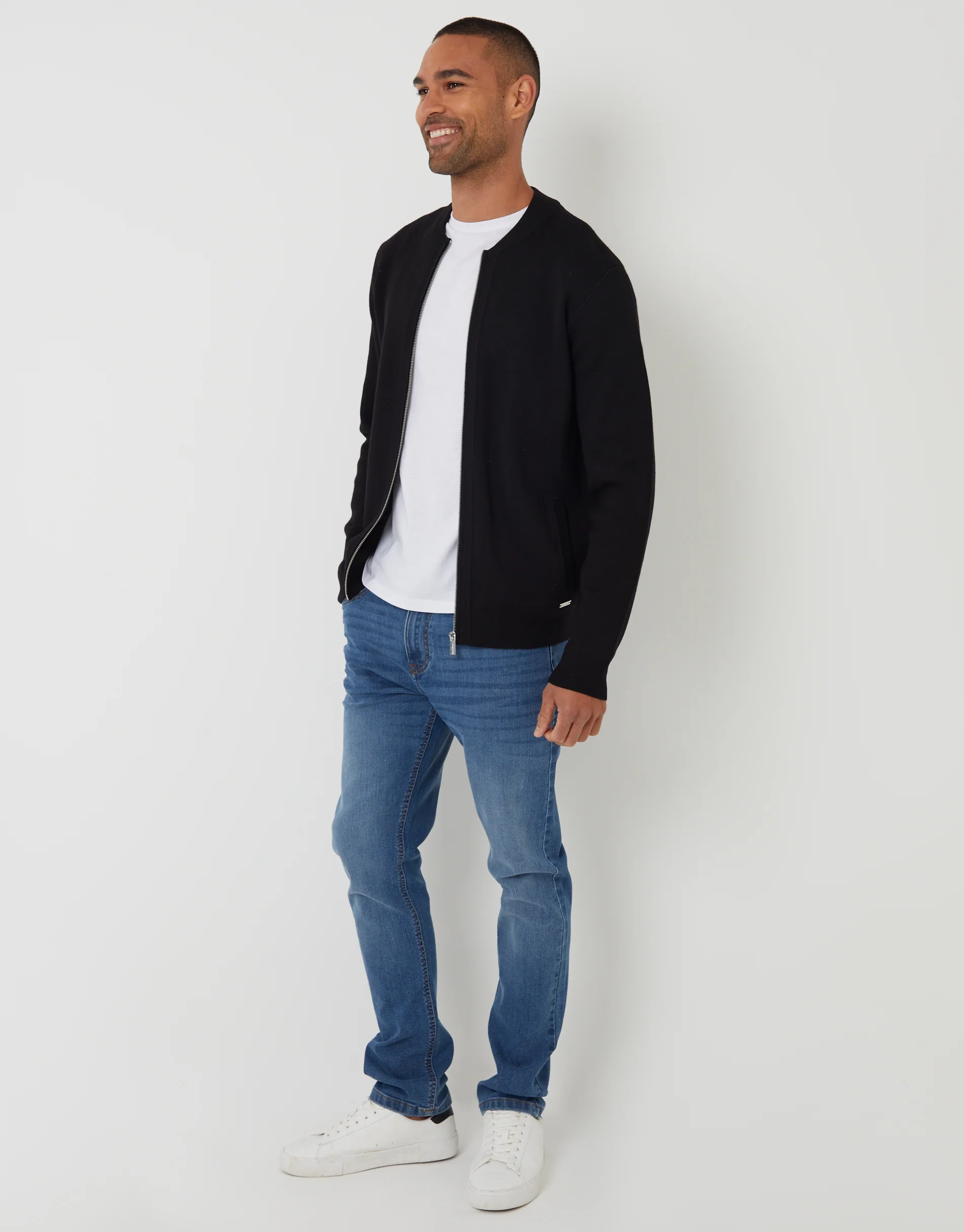 Bomber-Style Knitted Zip Through Cardigan in Black - Image 3