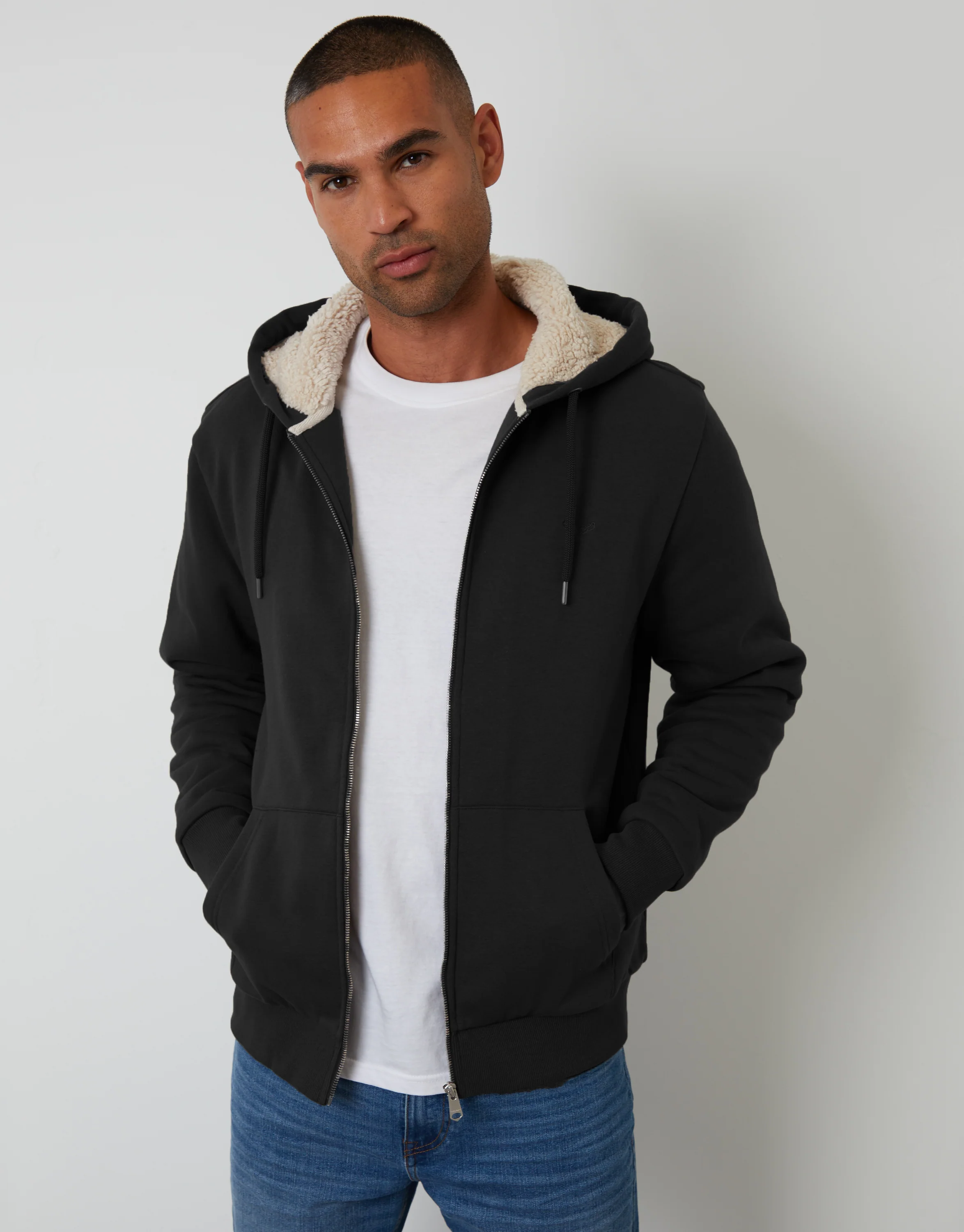 Borg Lined Zip-Through Hoodie in Black