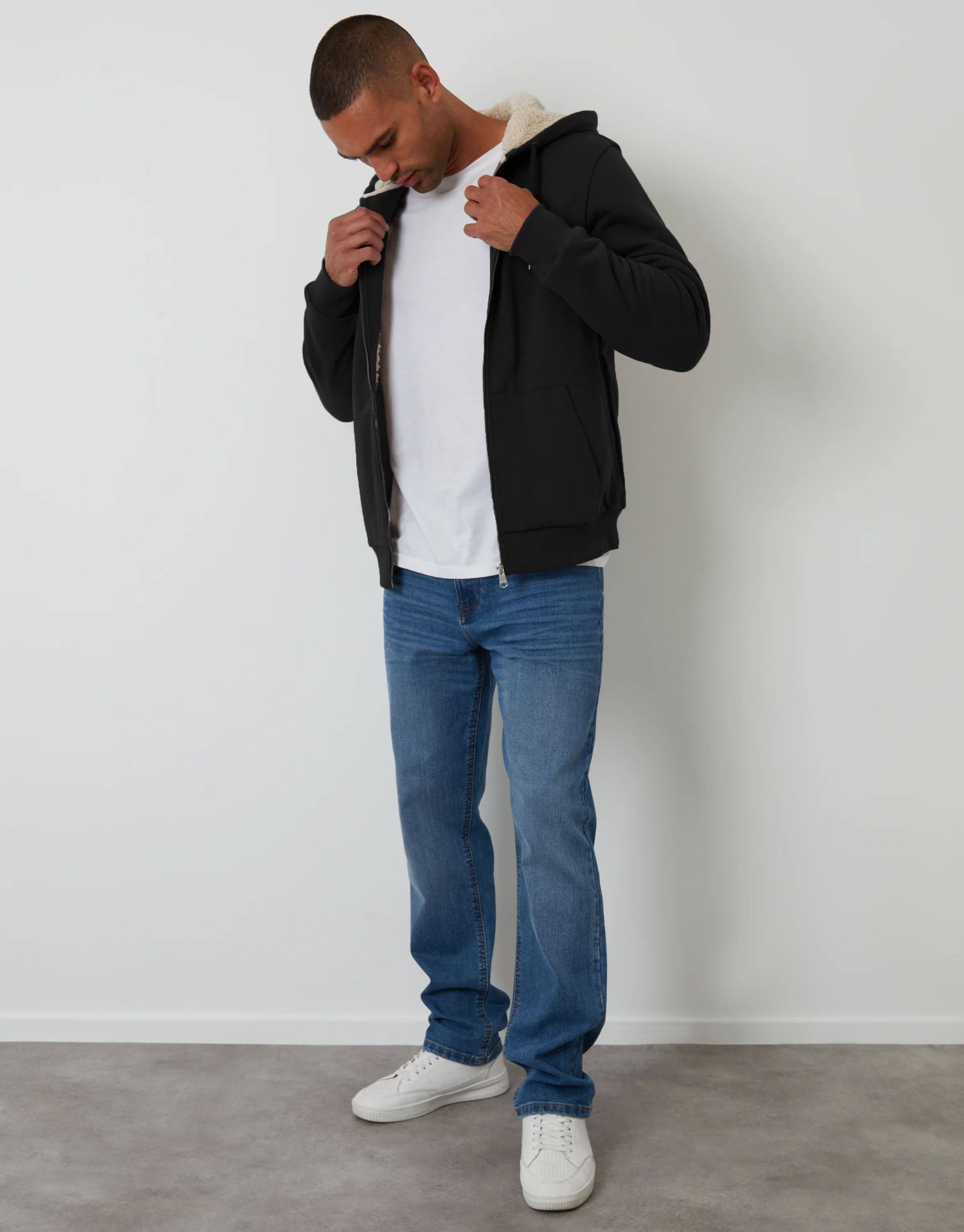 Borg Lined Zip-Through Hoodie in Black - Image 3