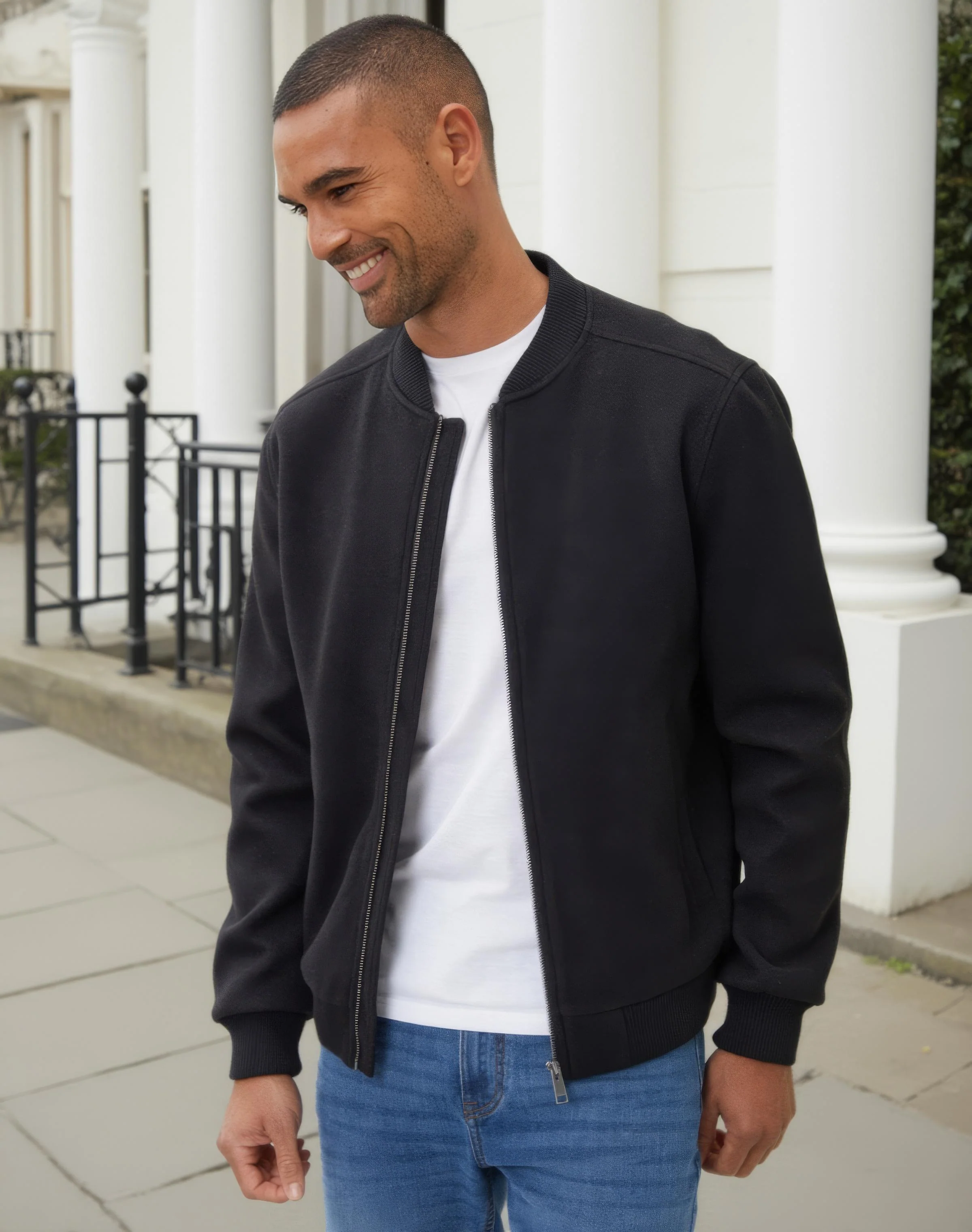 Faux Wool Bomber Jacket in Black