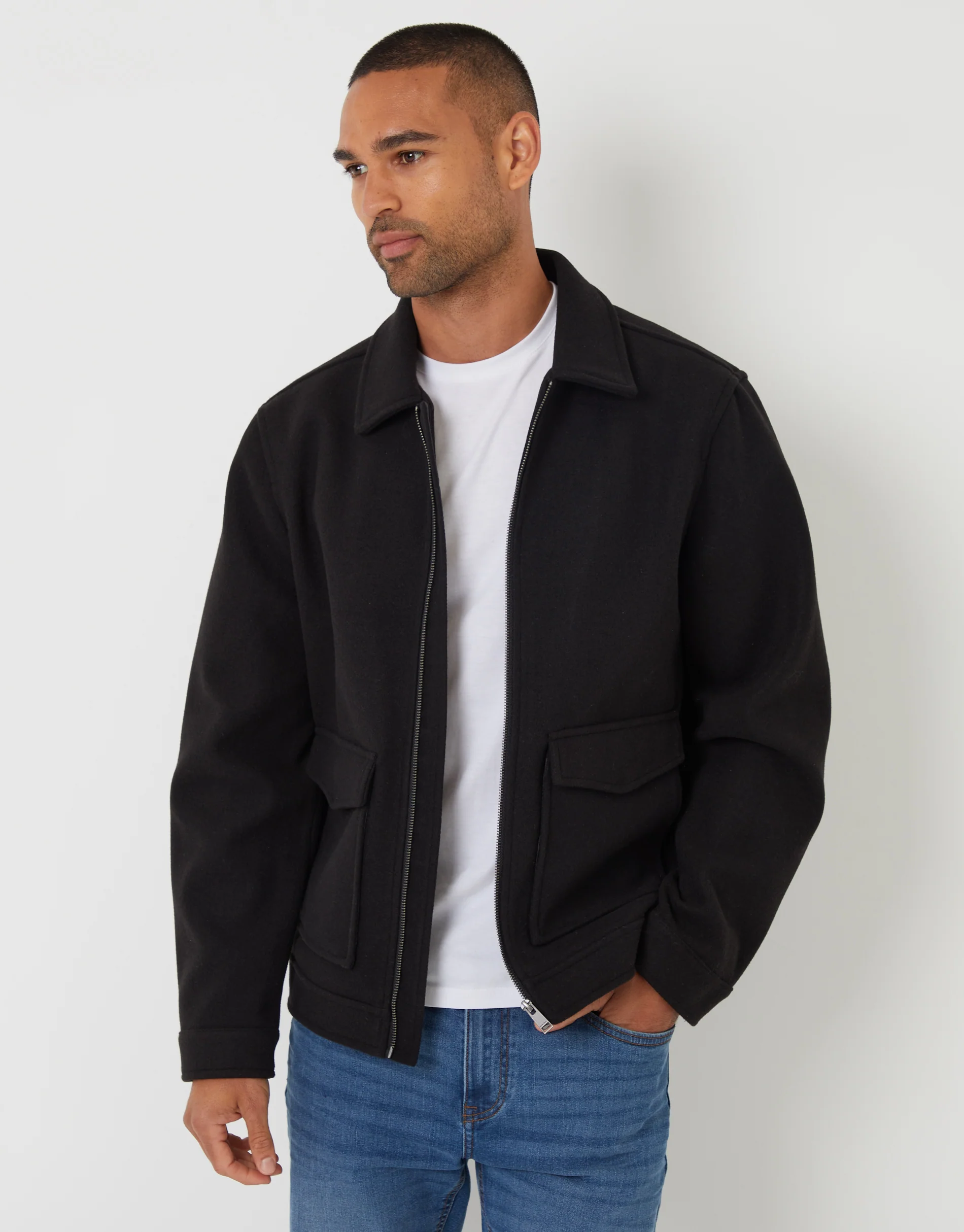 Faux Wool Collared Lightweight Utility Jacket in Black