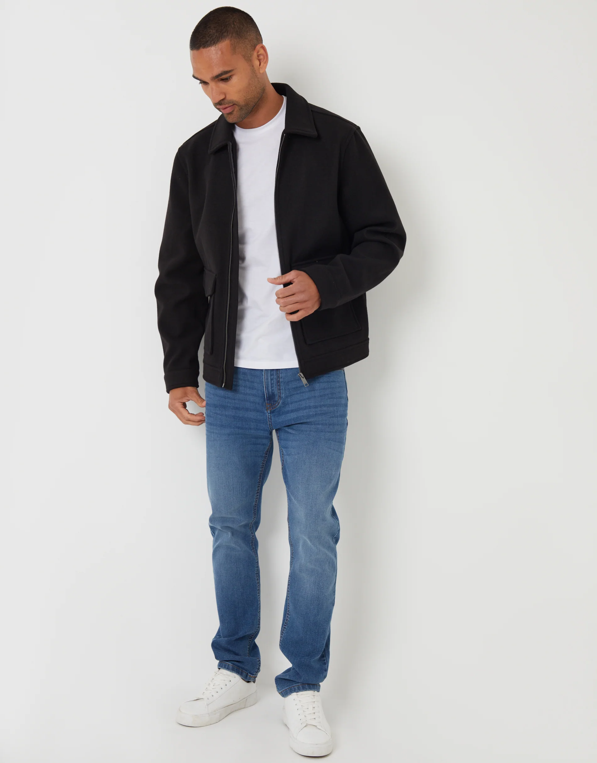 Faux Wool Collared Lightweight Utility Jacket in Black - Image 3