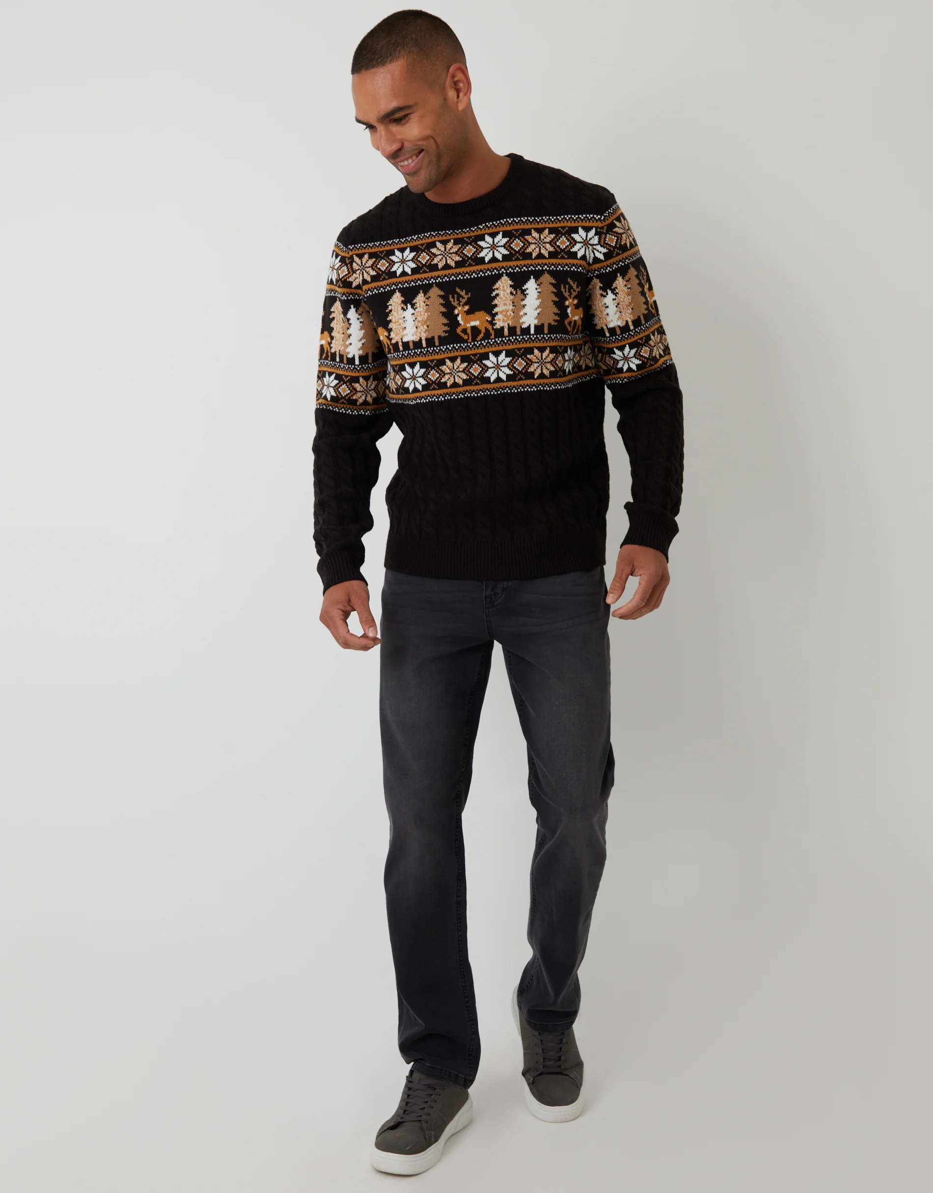 Cable Knit Fairisle Crew Neck Christmas Jumper in Black - Image 3
