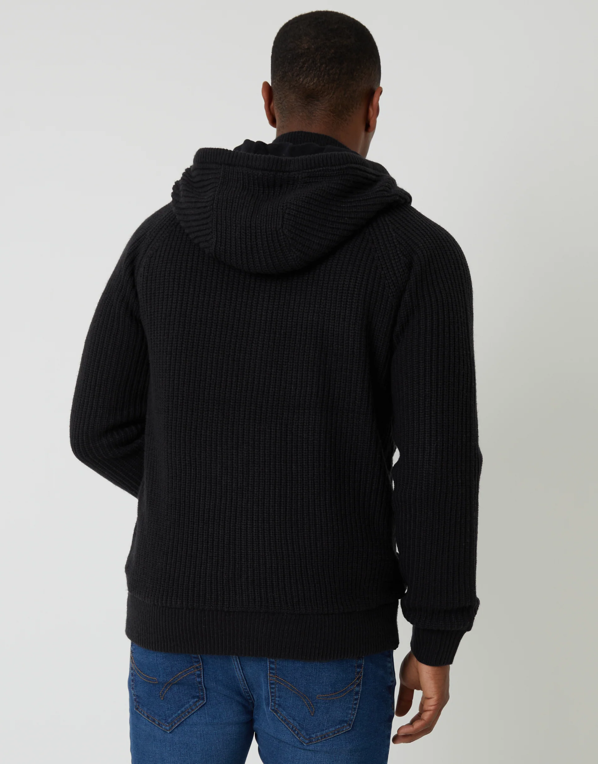 Cable Knit Microfleece Lined Zip Through Hoodie in Black - Image 2