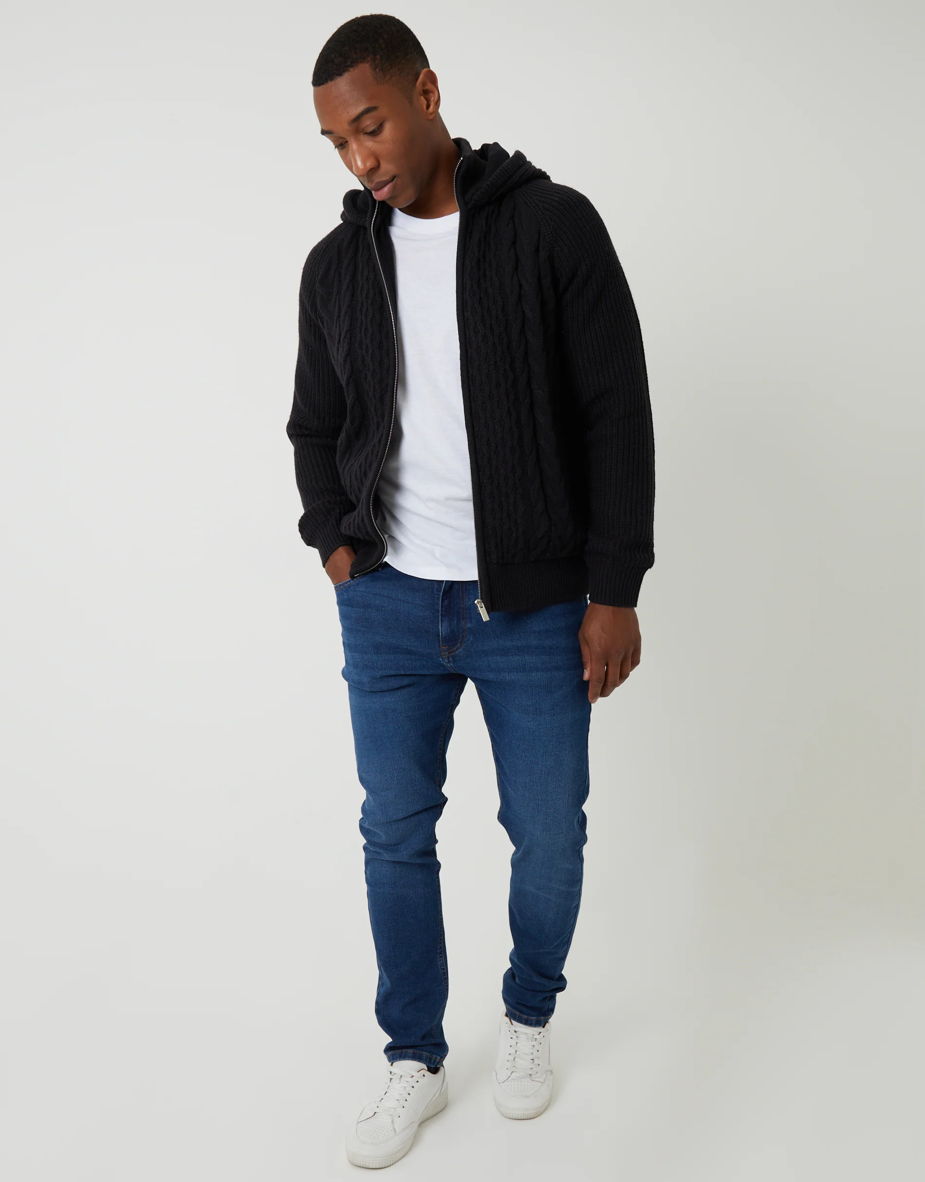 Cable Knit Microfleece Lined Zip Through Hoodie in Black - Image 3