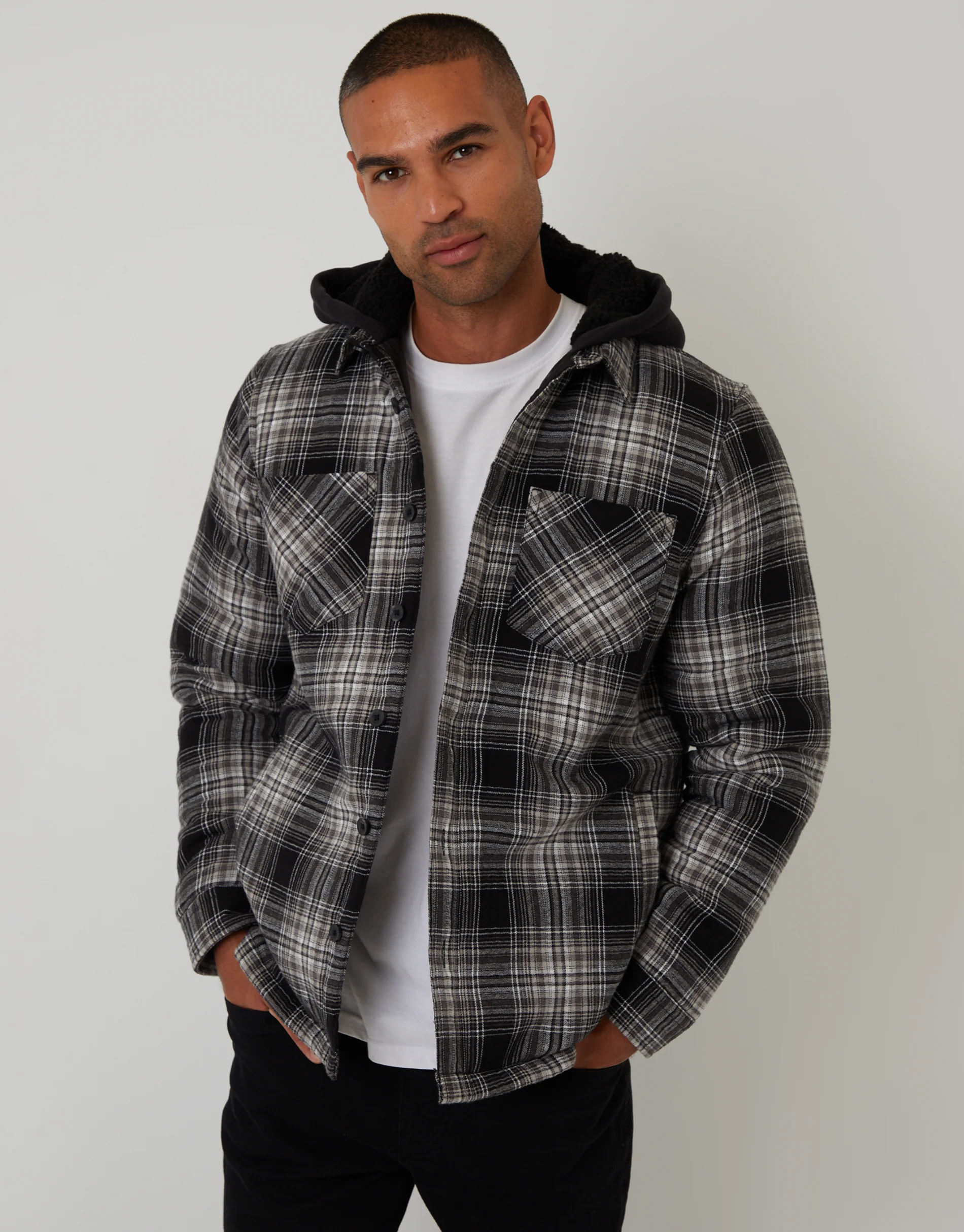 Quilted Shacket with Borg Lined Hood in Black Check