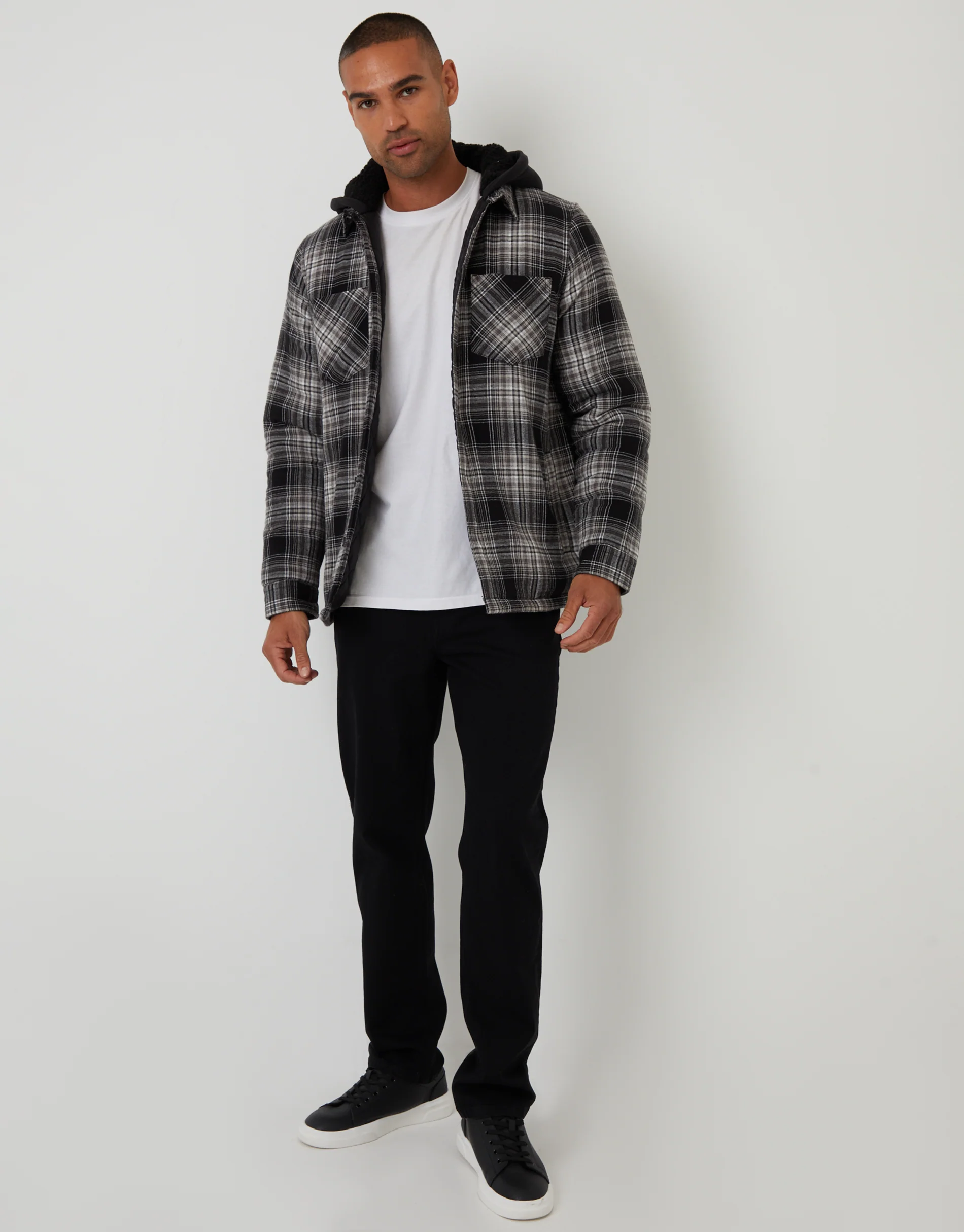 Quilted Shacket with Borg Lined Hood in Black Check - Image 3