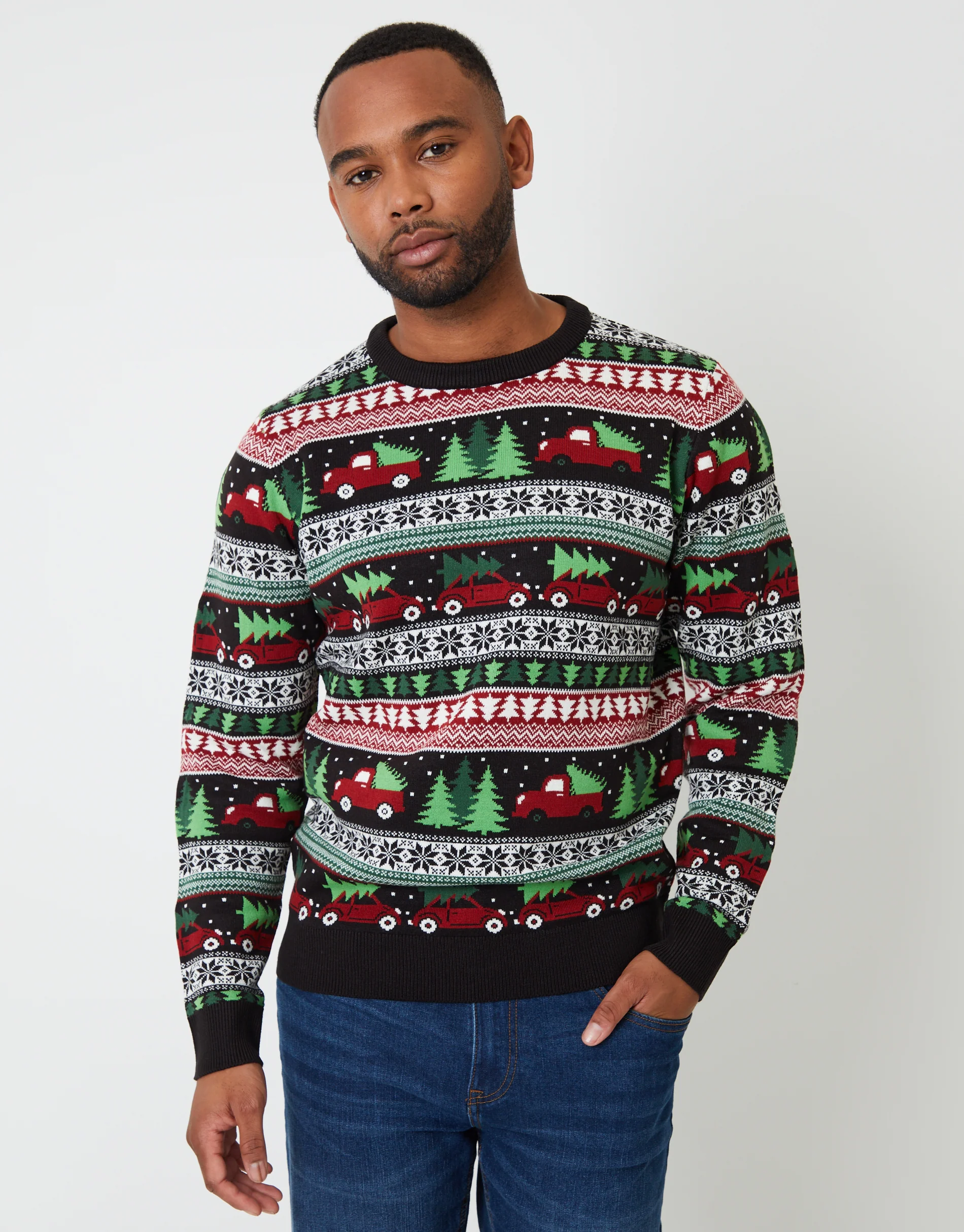 Christmas Car Fairisle Knitted Crew Neck Jumper in Black