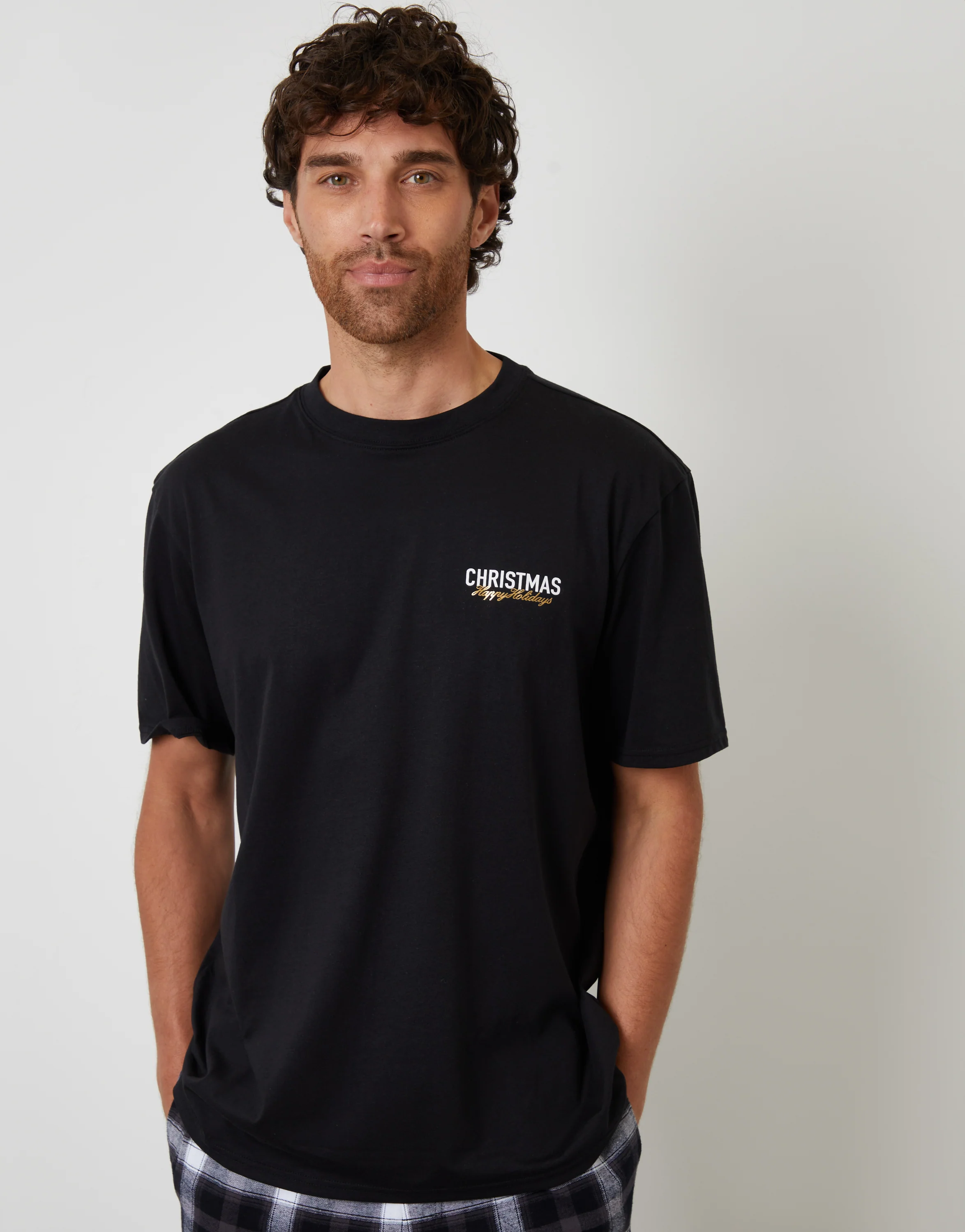Christmas Graphic Check Pyjama Set in Black - Image 3