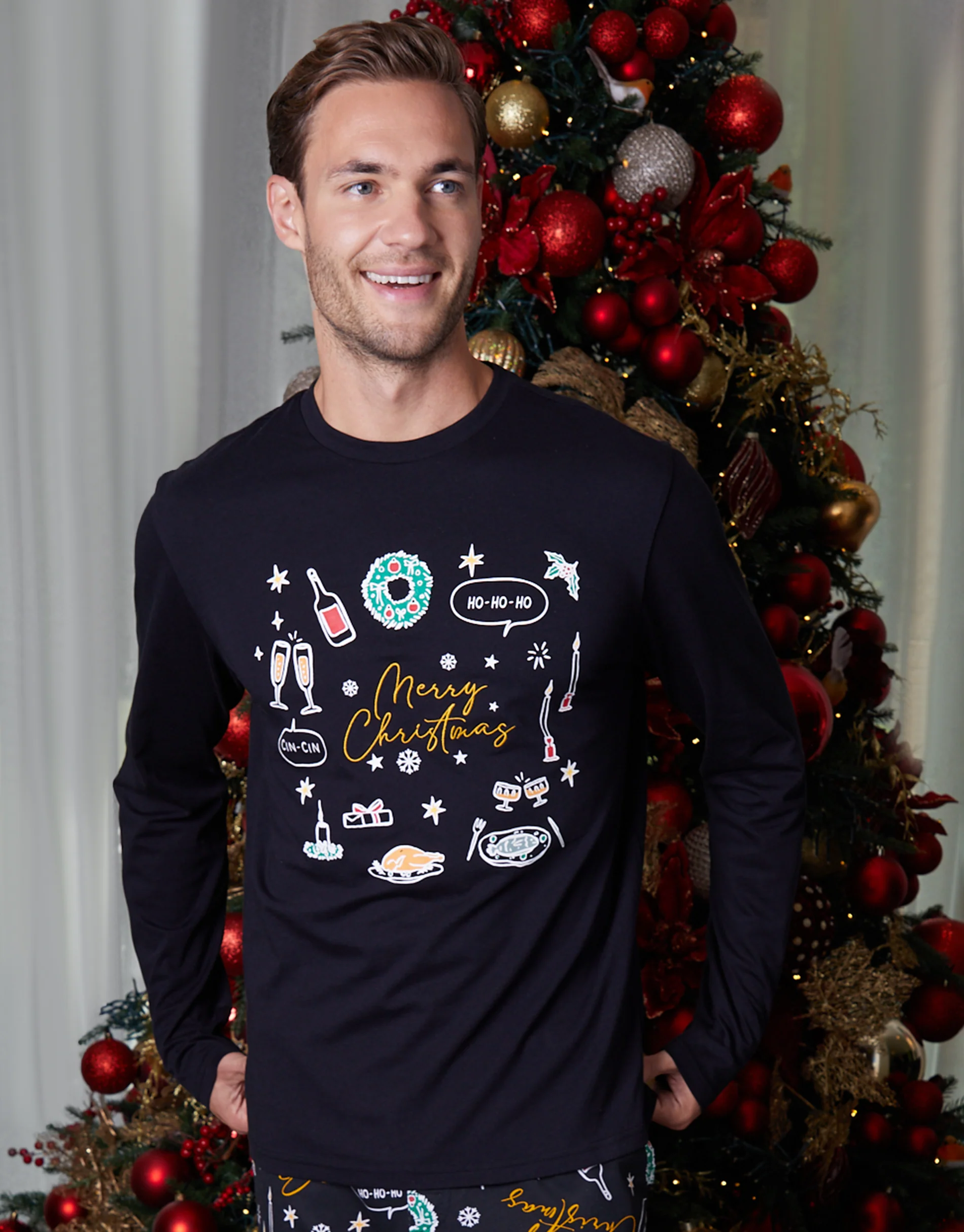 Christmas Print Long Pyjama Set in Black - Image 4