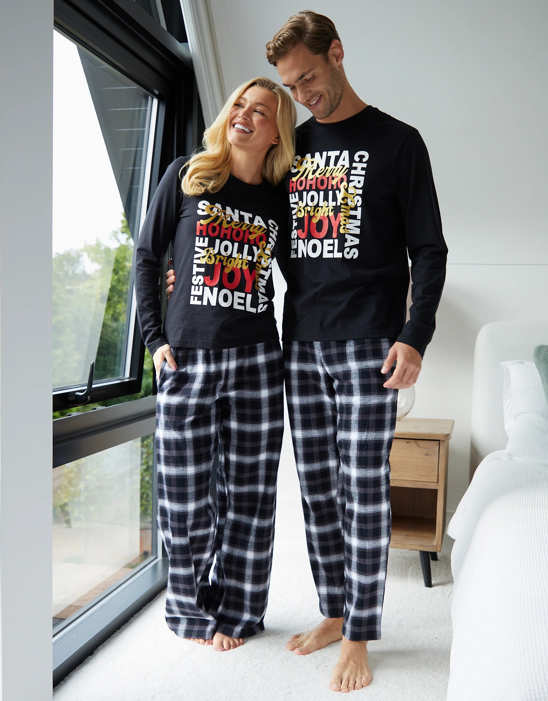 Christmas Slogan Graphic Long Pyjama Set in Black - Image 2