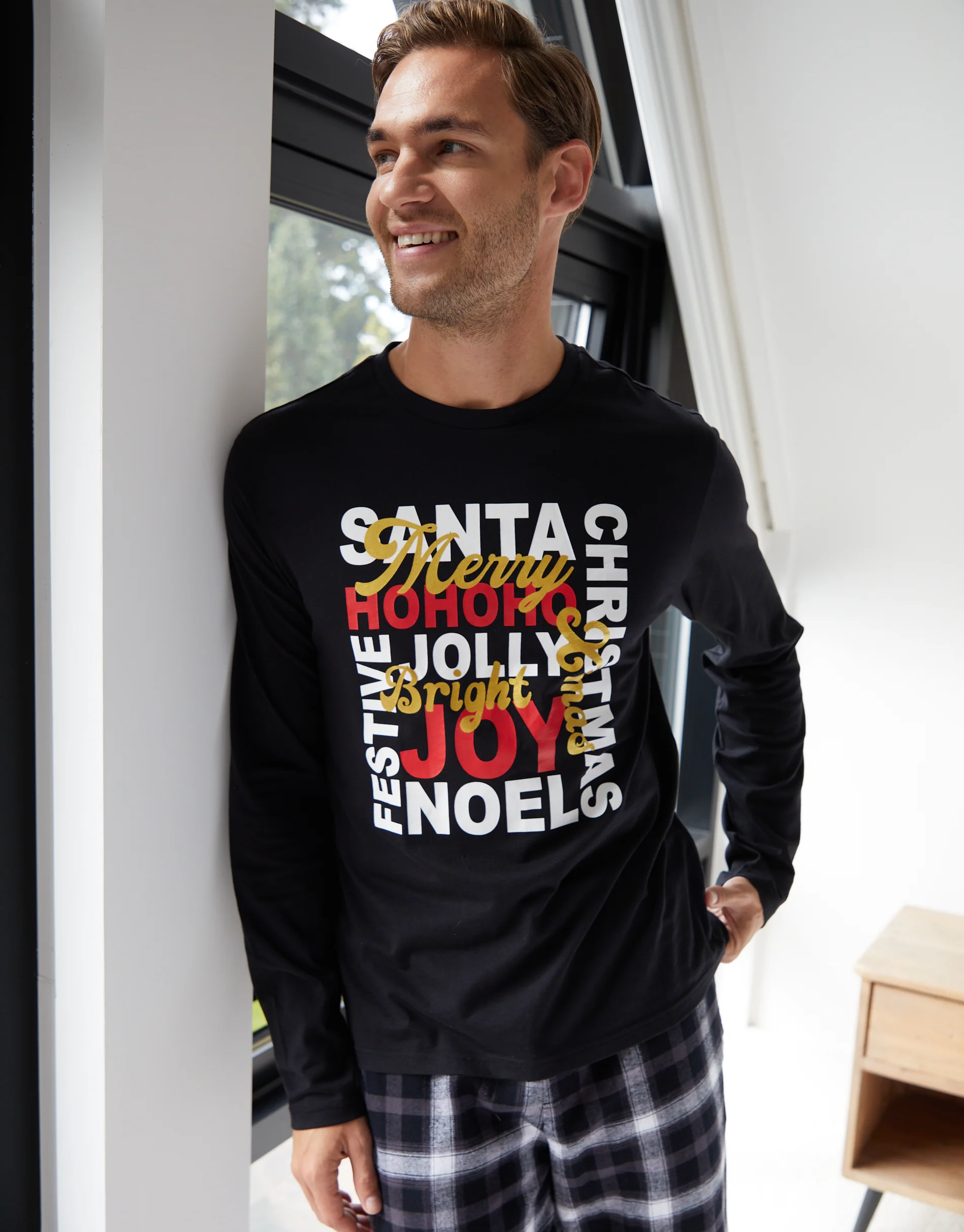 Christmas Slogan Graphic Long Pyjama Set in Black - Image 4