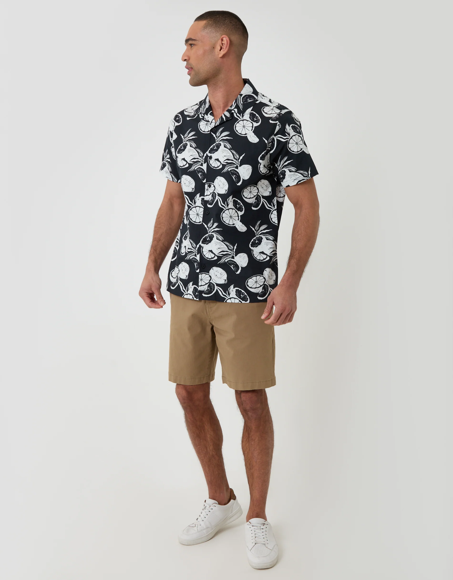 Citrus Print Cotton Poplin Short Sleeve Shirt in Black