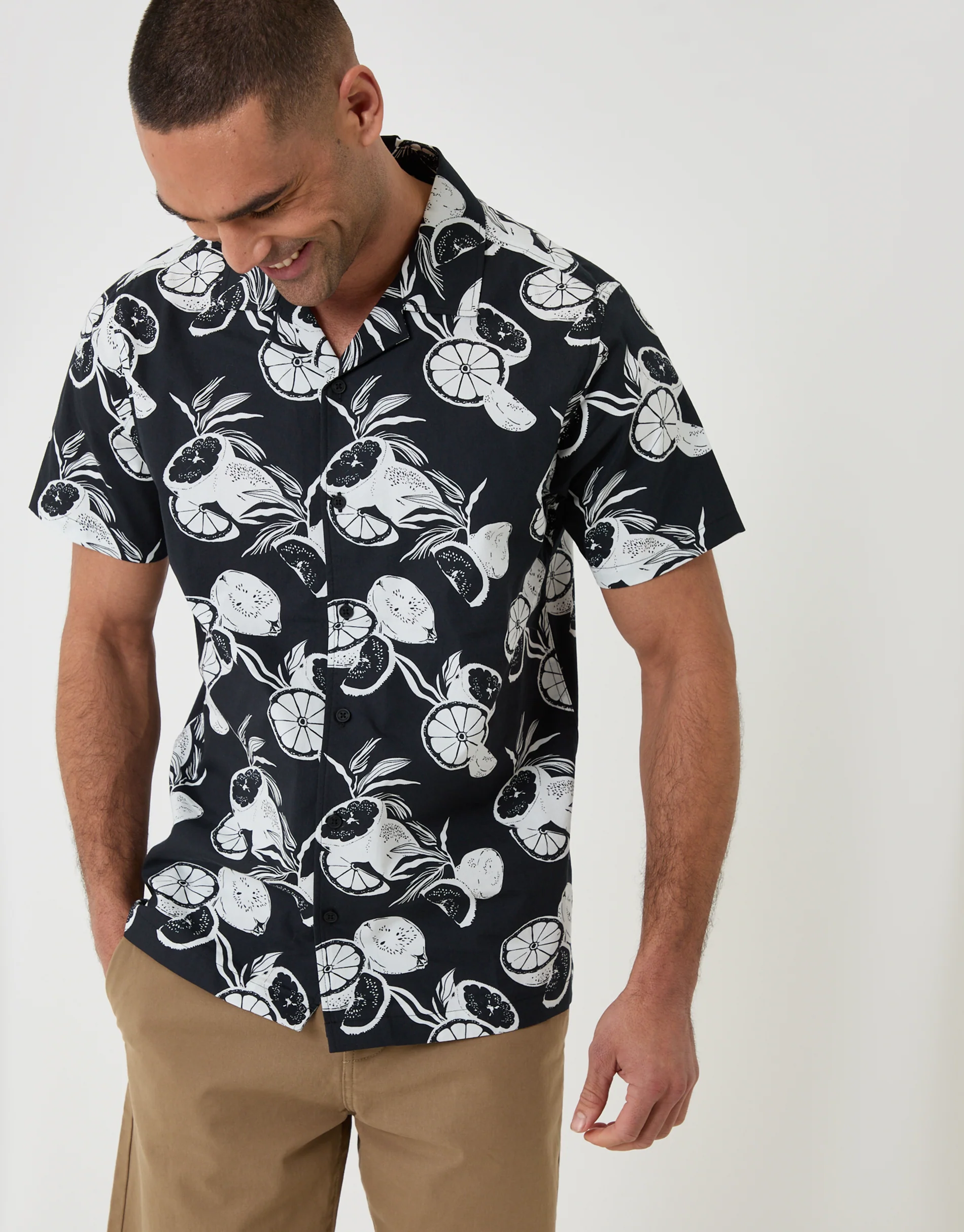 Citrus Print Cotton Poplin Short Sleeve Shirt in Black - Image 2