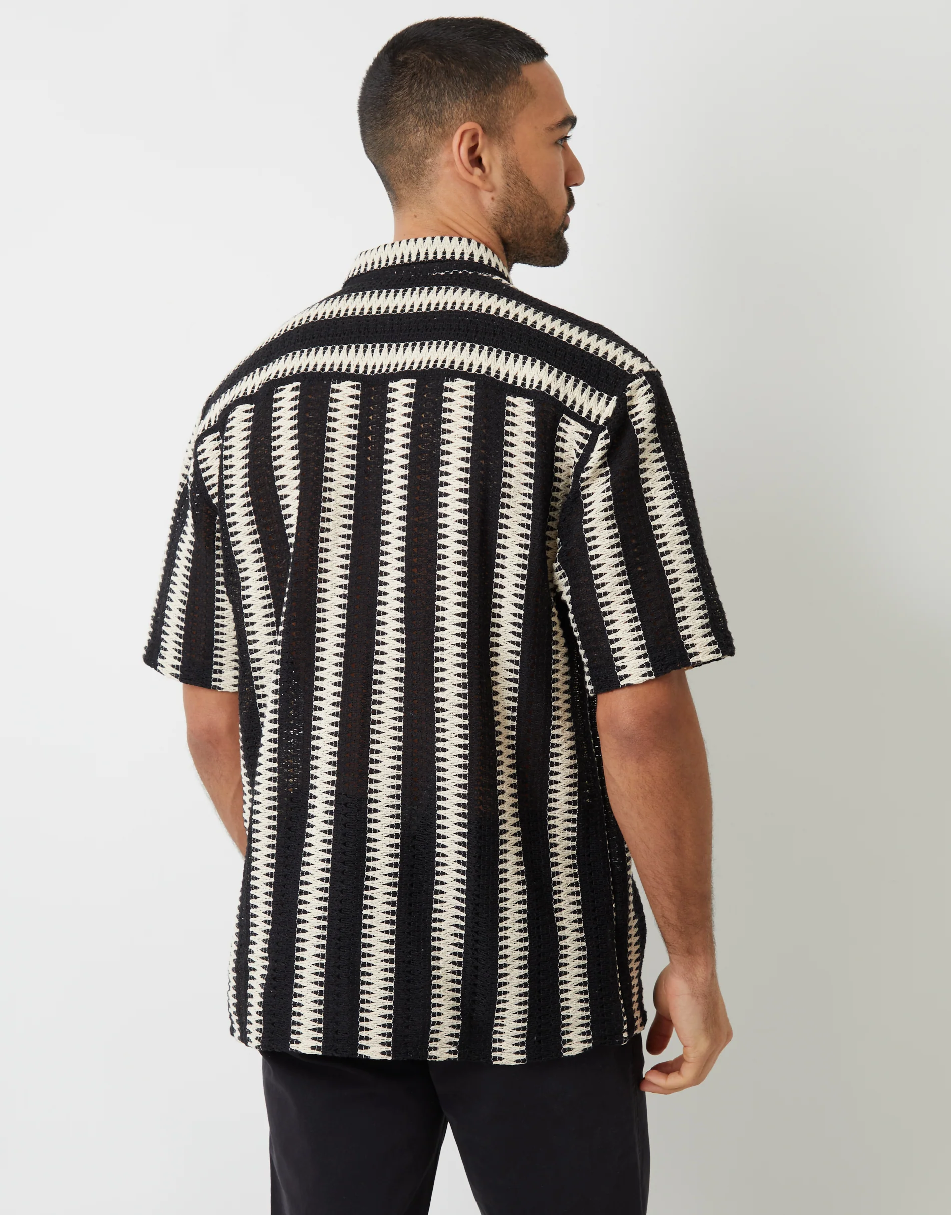 Relaxed Fit Crochet Short Sleeve Shirt in Black & Ecru Stripe - Image 3