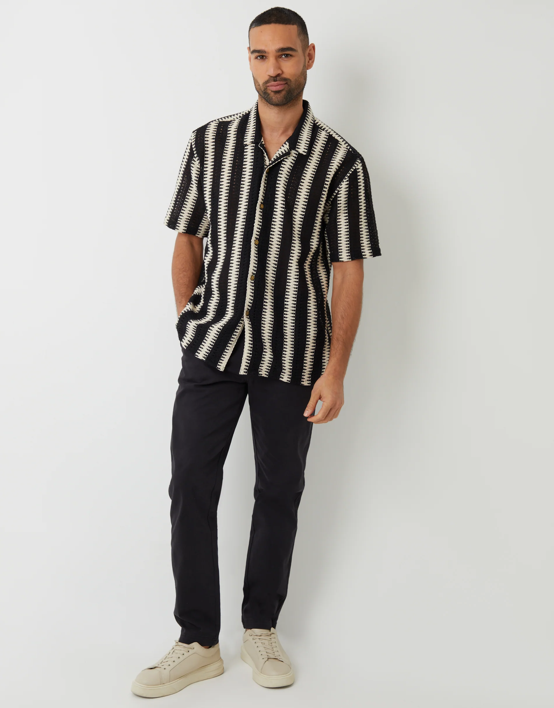 Relaxed Fit Crochet Short Sleeve Shirt in Black & Ecru Stripe - Image 4