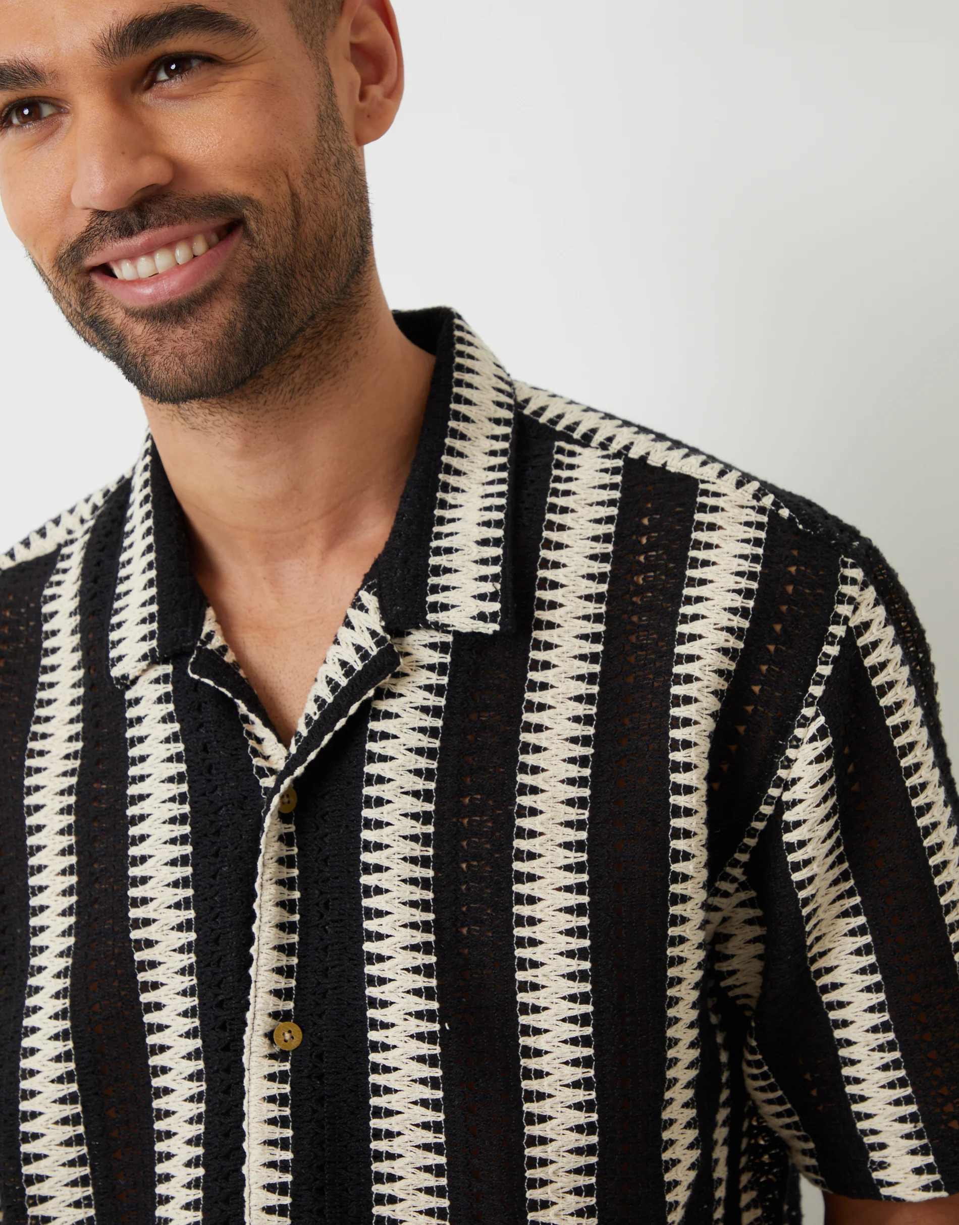 Relaxed Fit Crochet Short Sleeve Shirt in Black & Ecru Stripe - Image 5