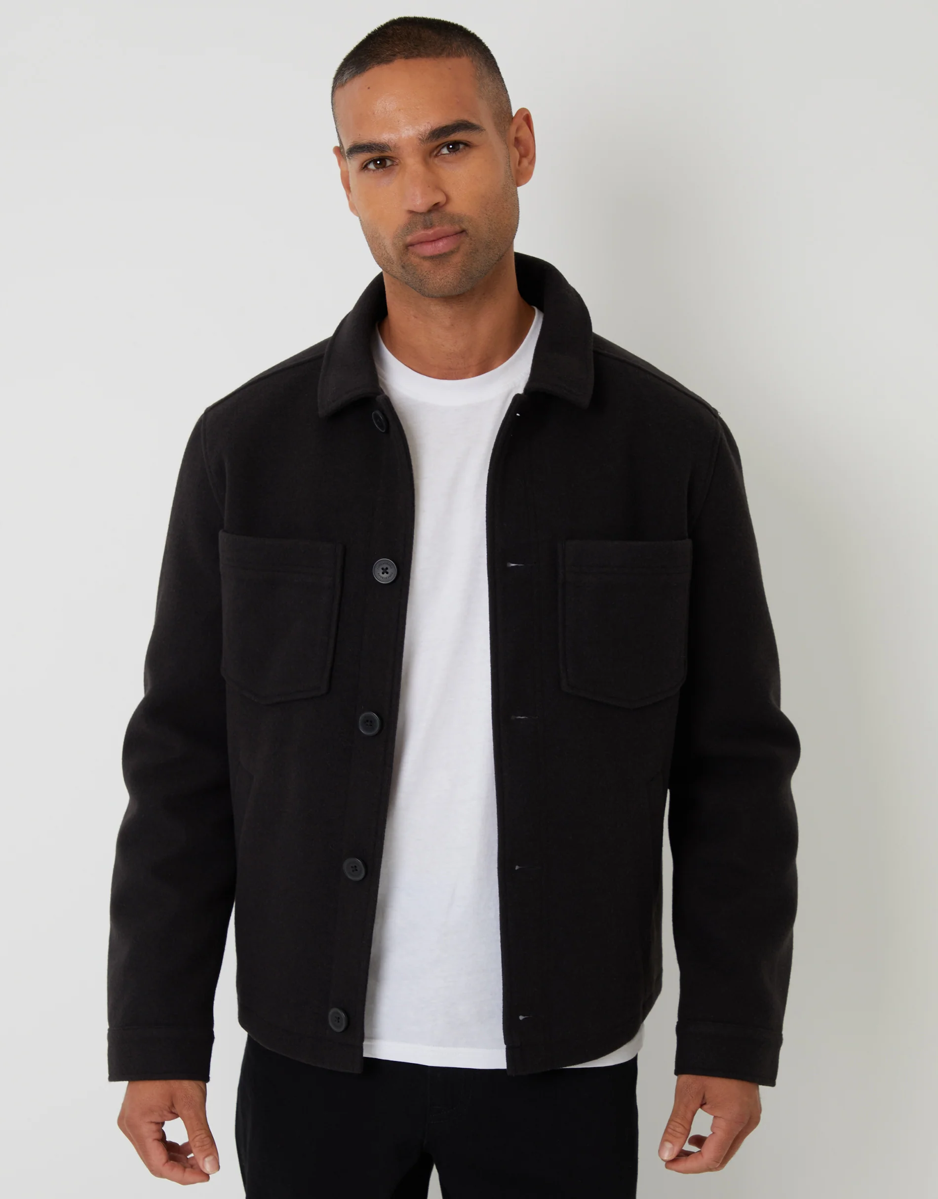 Faux Wool Button Up Quilted Shacket in Black