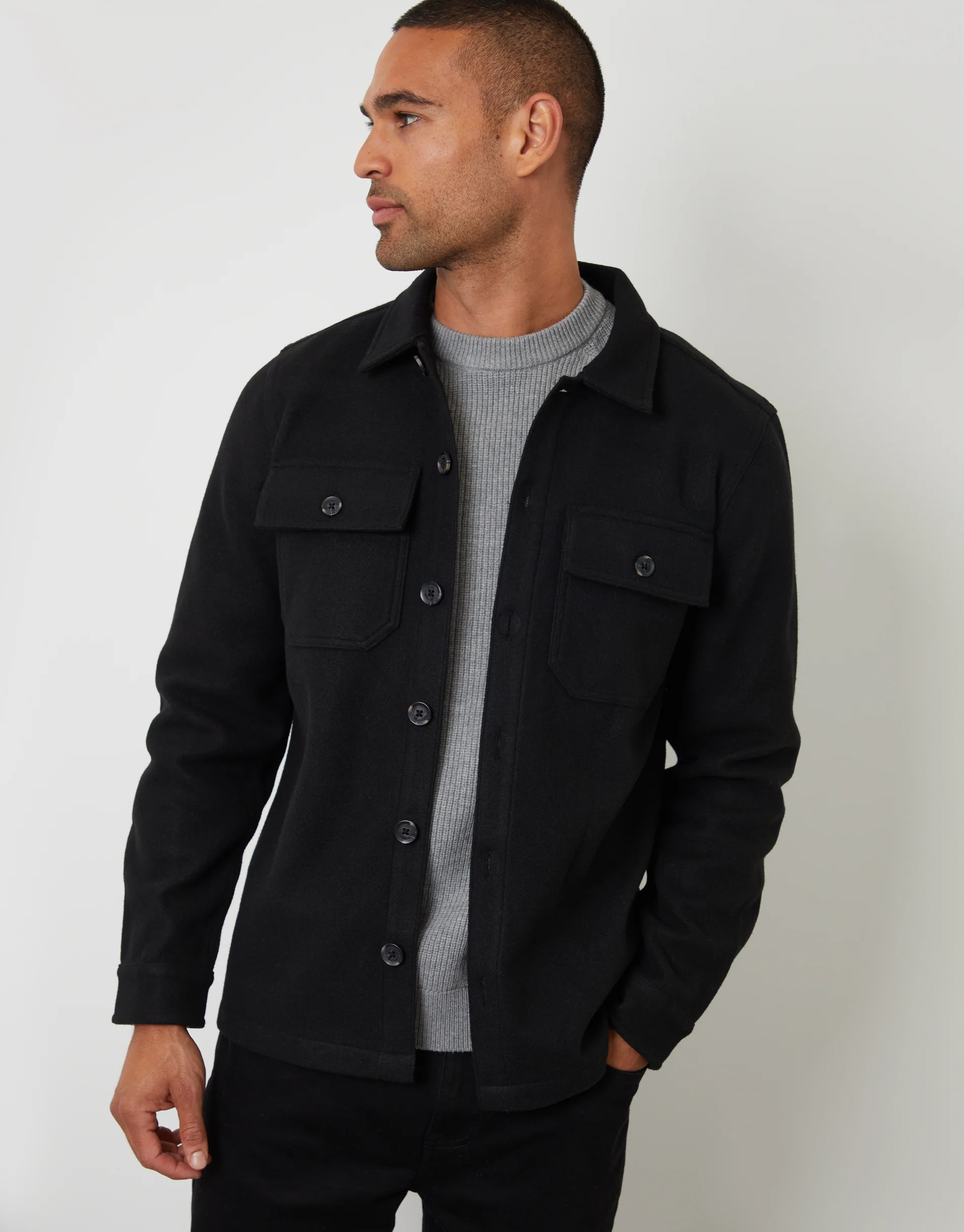 Faux Wool Button Up Shacket in Black