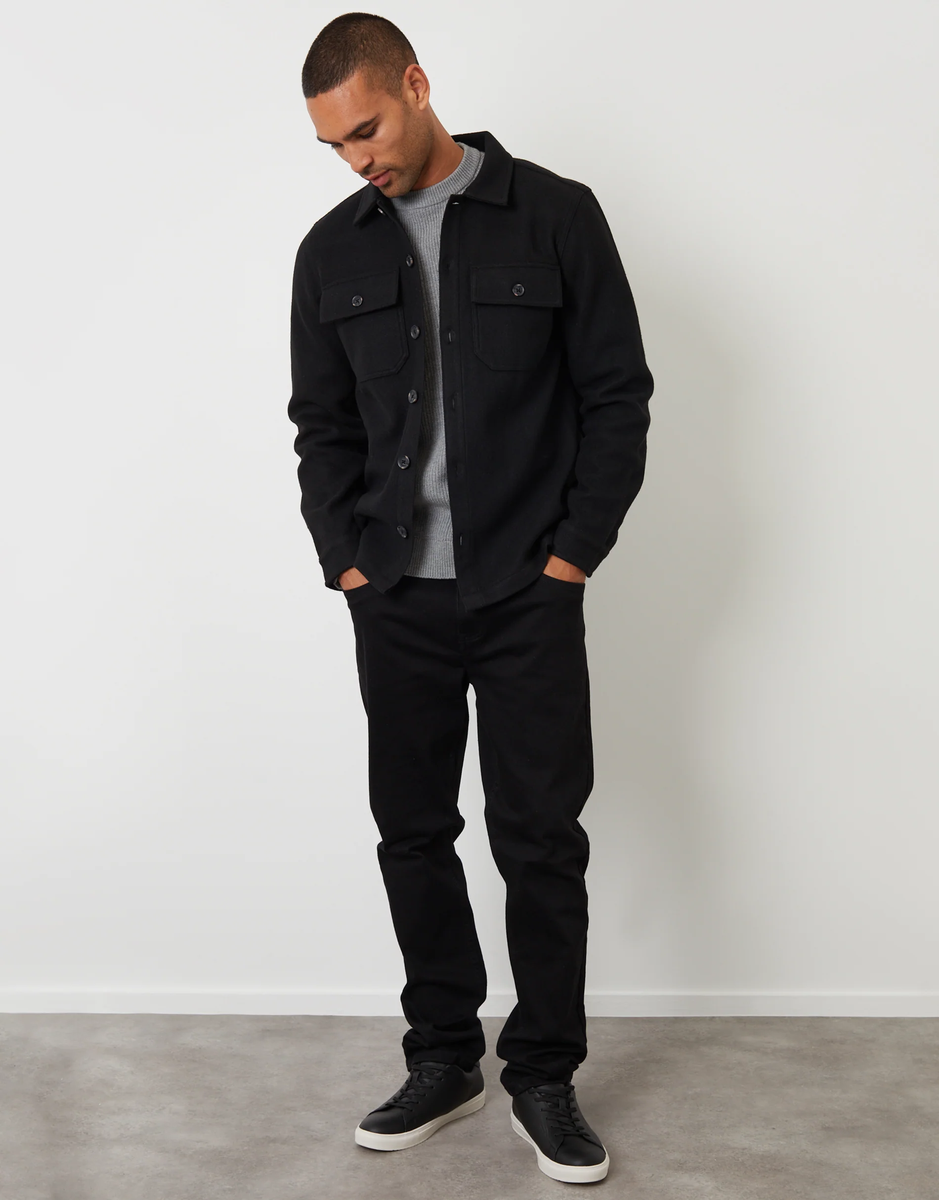 Faux Wool Button Up Shacket in Black - Image 3