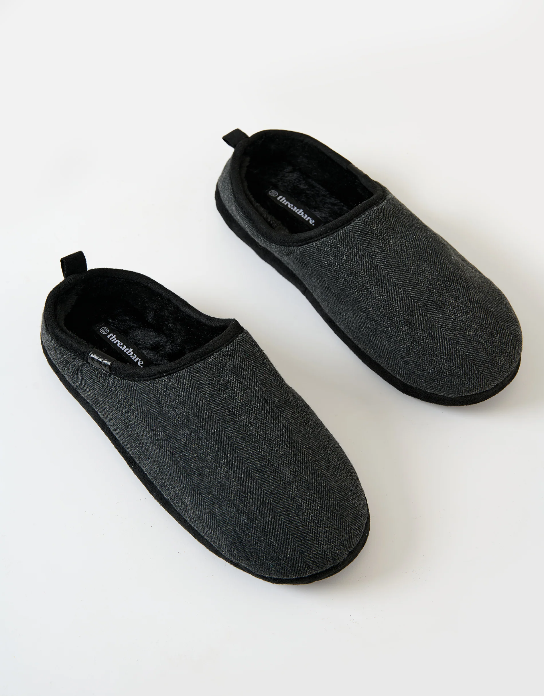 Herringbone Faux Fur Lined Mule Slippers in Black Check - Image 2