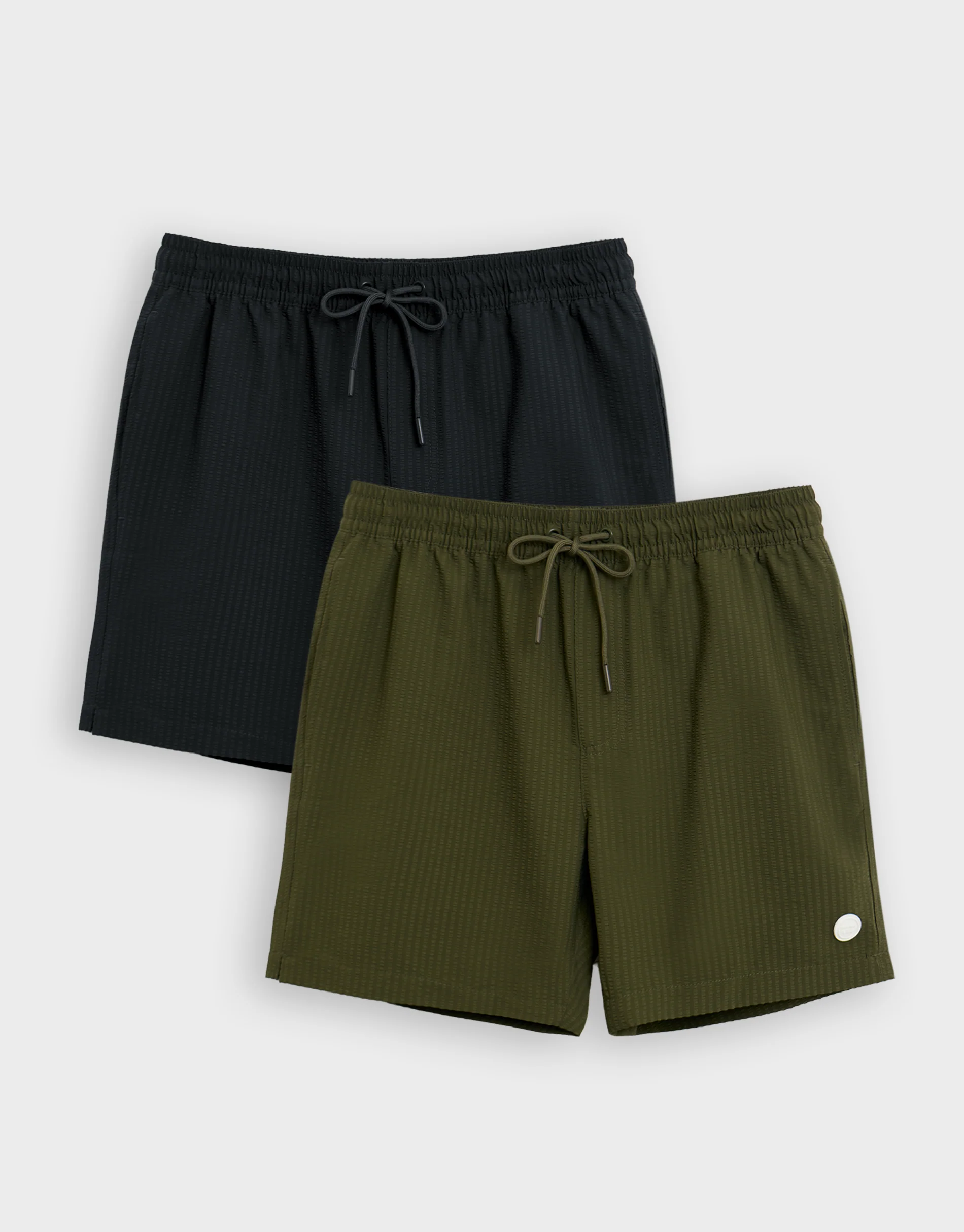 2 Pack Seersucker Swim Shorts in Black & Khaki Green Stripe