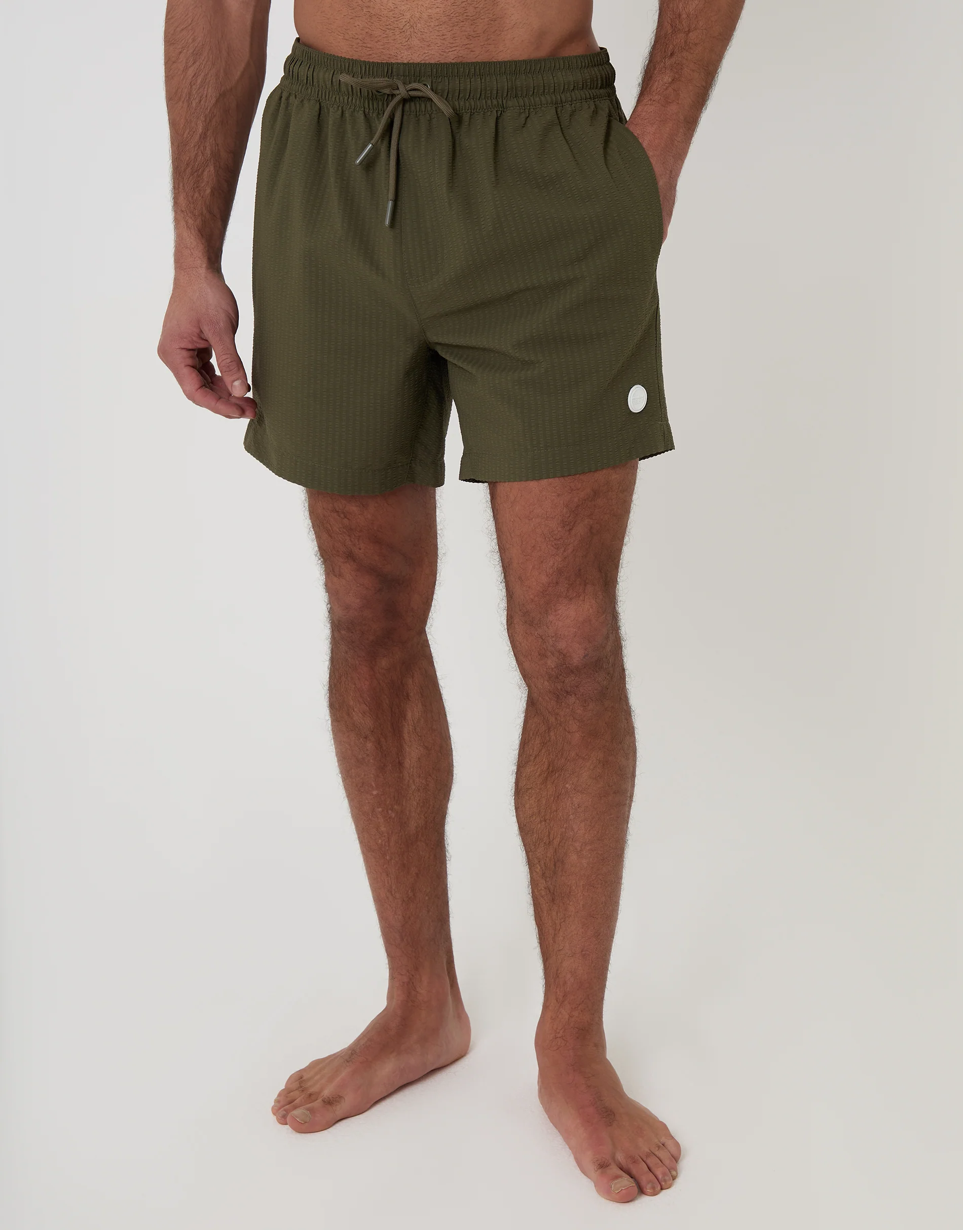 2 Pack Seersucker Swim Shorts in Black & Khaki Green Stripe - Image 2