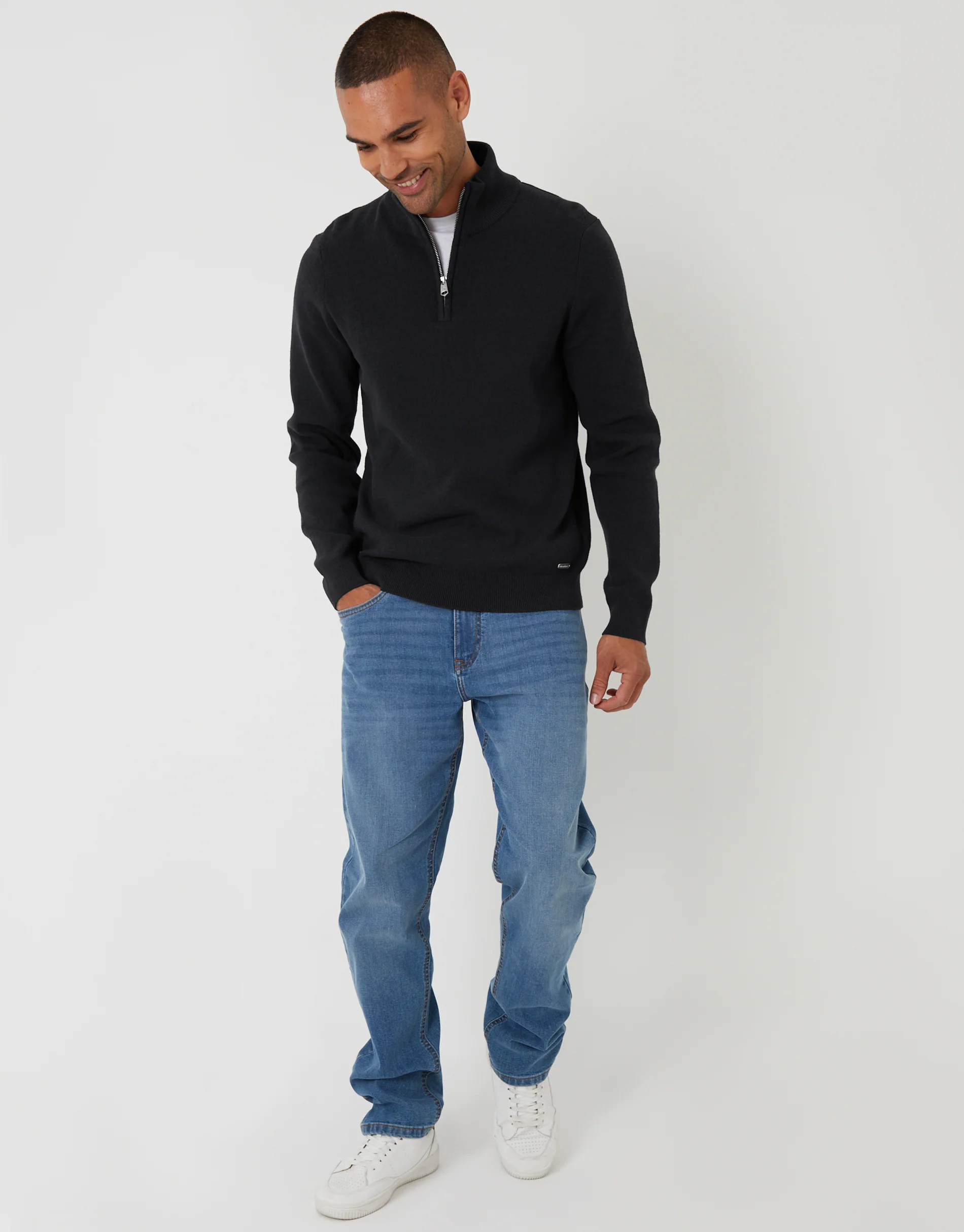 Knitted Quarter Zip Jumper in Black - Image 3