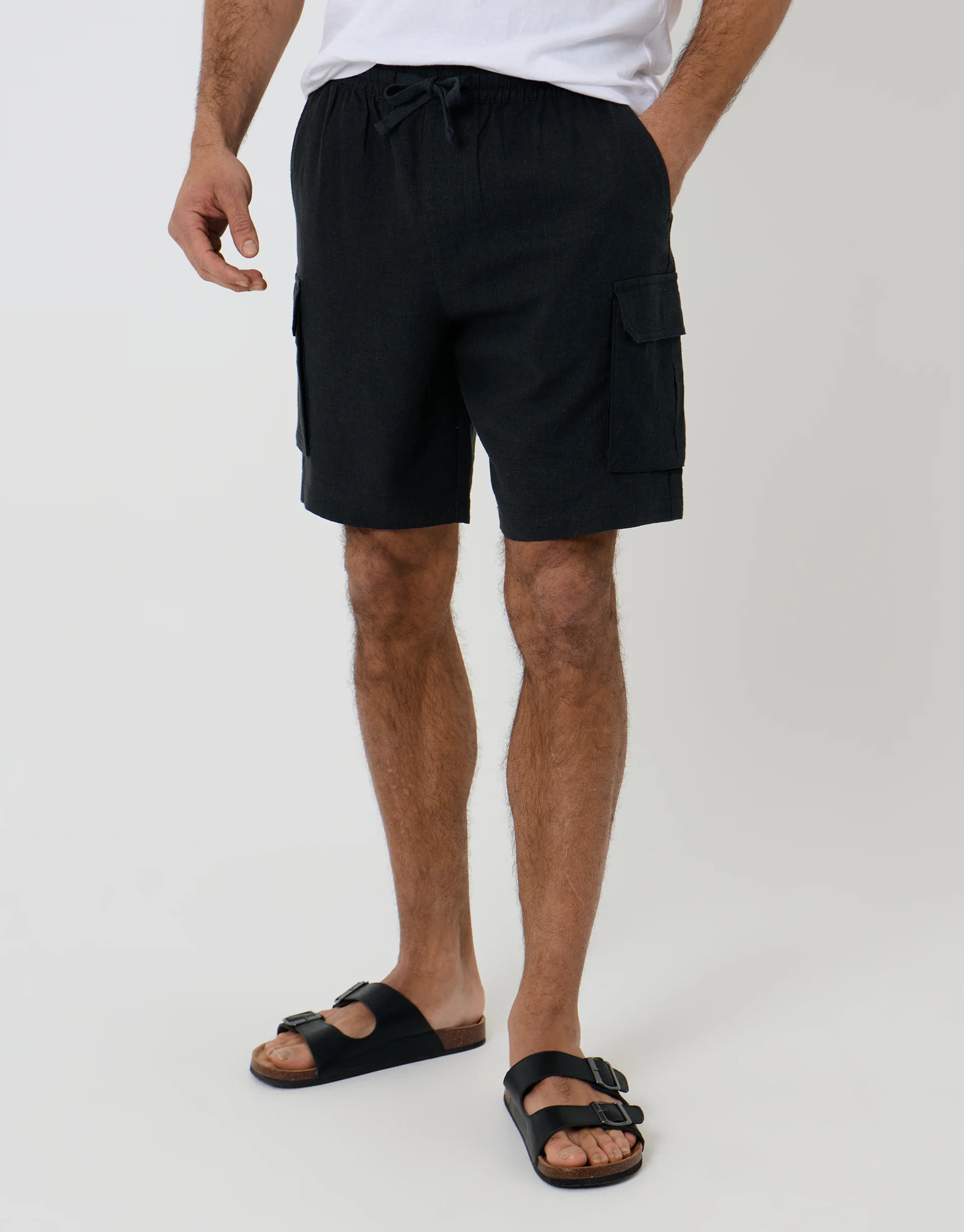 Linen Blend Cargo Shorts in Black - Image 2