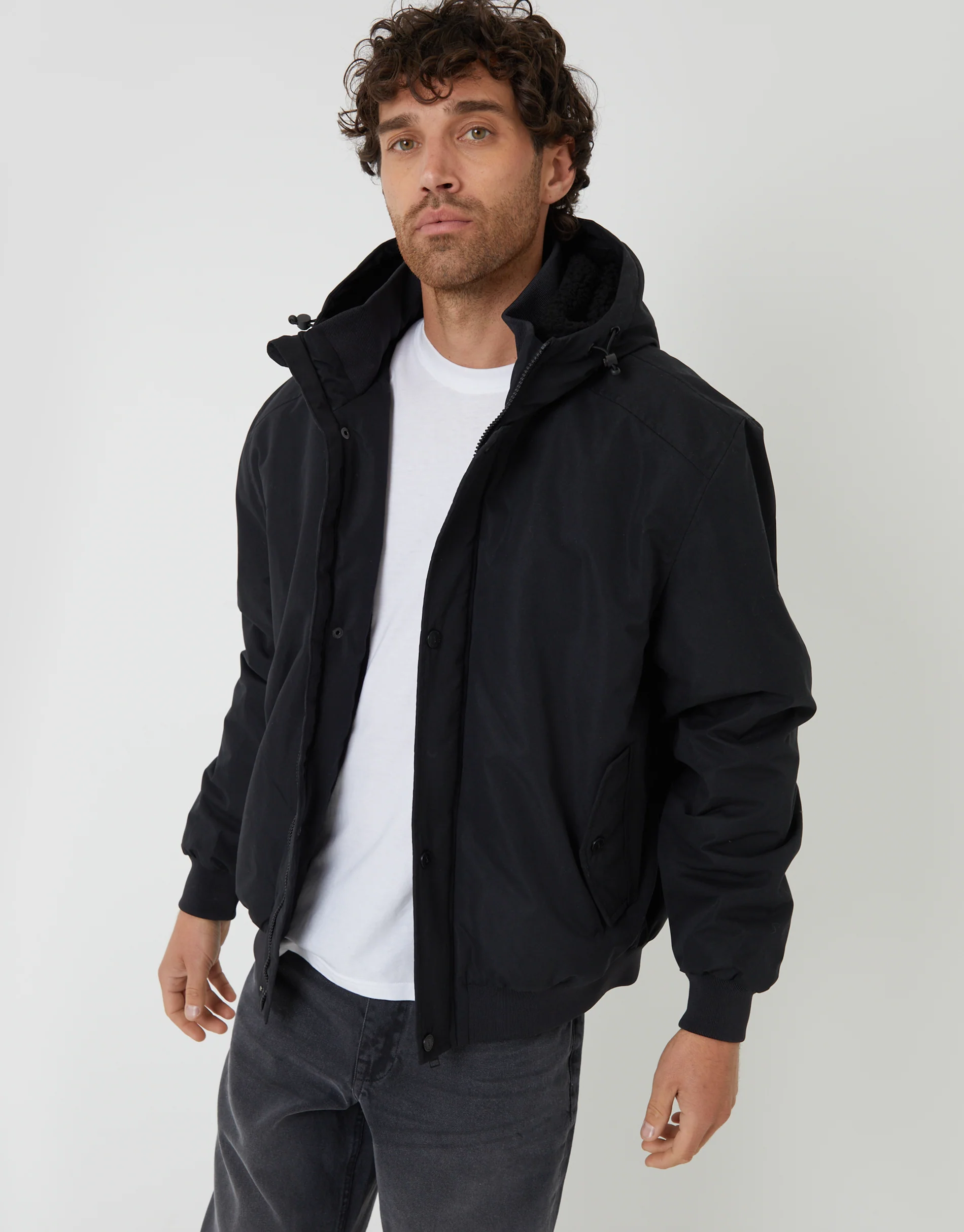 Microfleece Lined Hooded Lightweight Jacket in Black