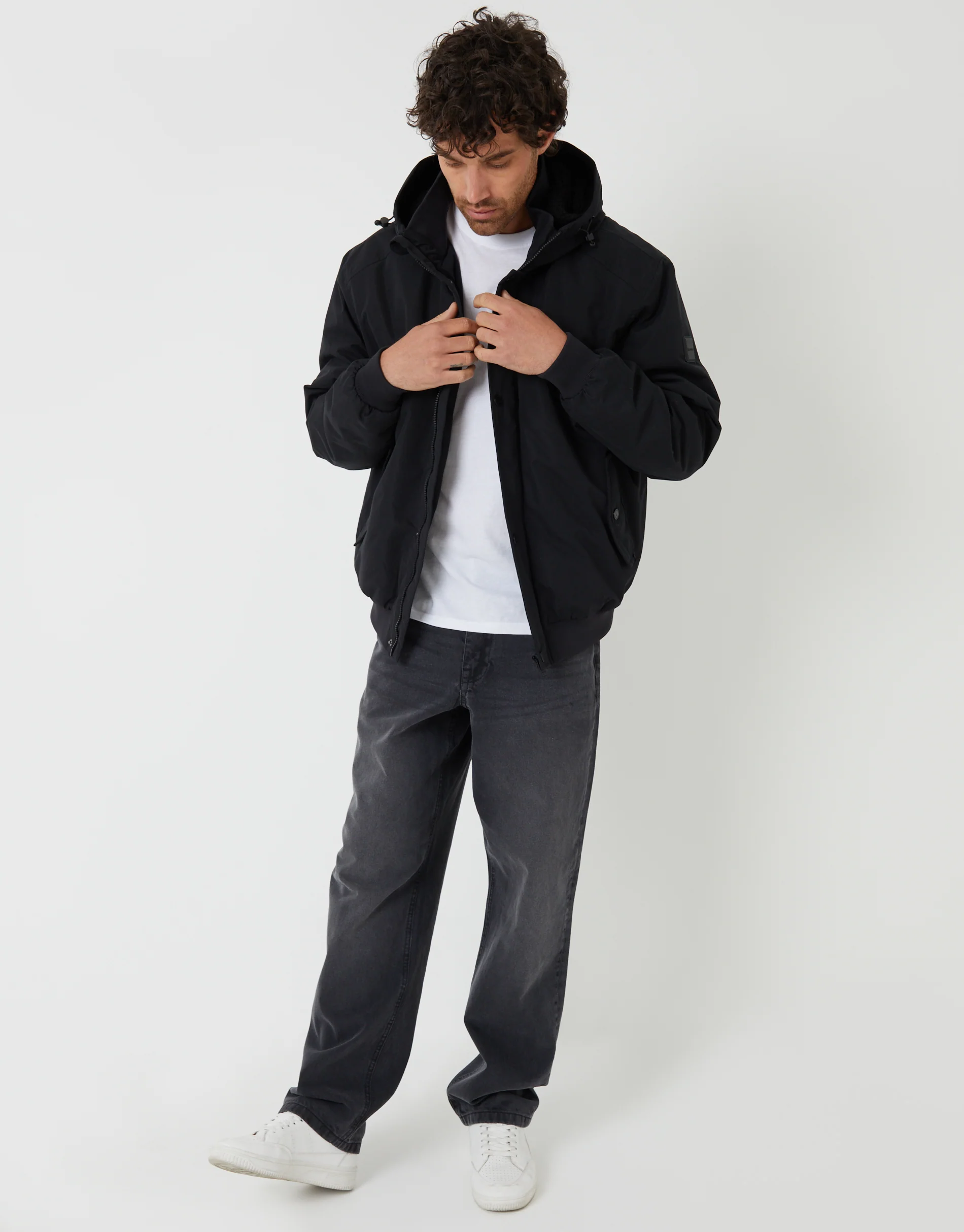 Microfleece Lined Hooded Lightweight Jacket in Black - Image 3
